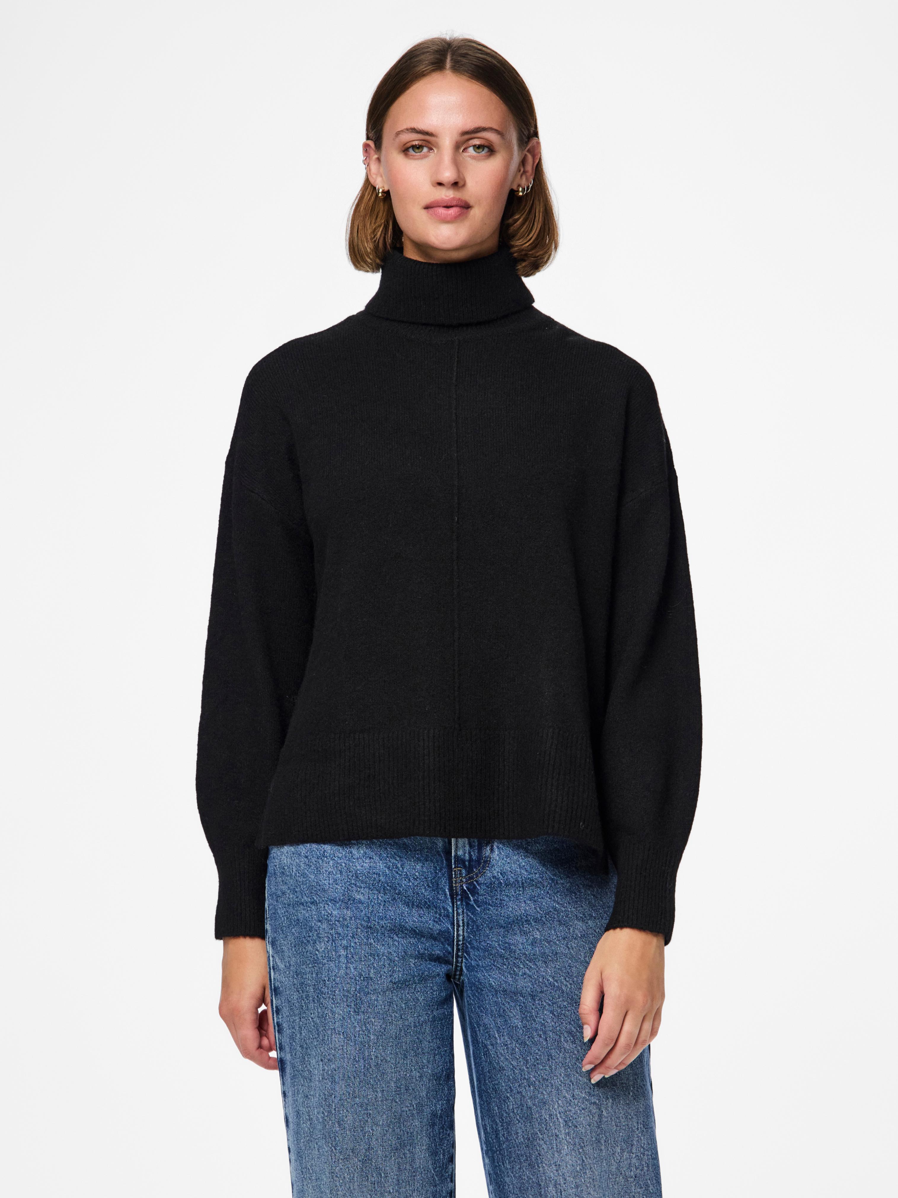 Rollkragenpullover Pieces "Pcmalou Ls Rollneck Knit Noos Bc", Damen, Gr. Xs, Schwarz, Strick, Obermaterial: 65% Polyester, 19% Polyacryl, 10% Nylon, 3% Wolle, 3% Elasthan, Unifarben, Relaxed Fit Normal, RippbüNdchen, Pullover Rollkragenpullover