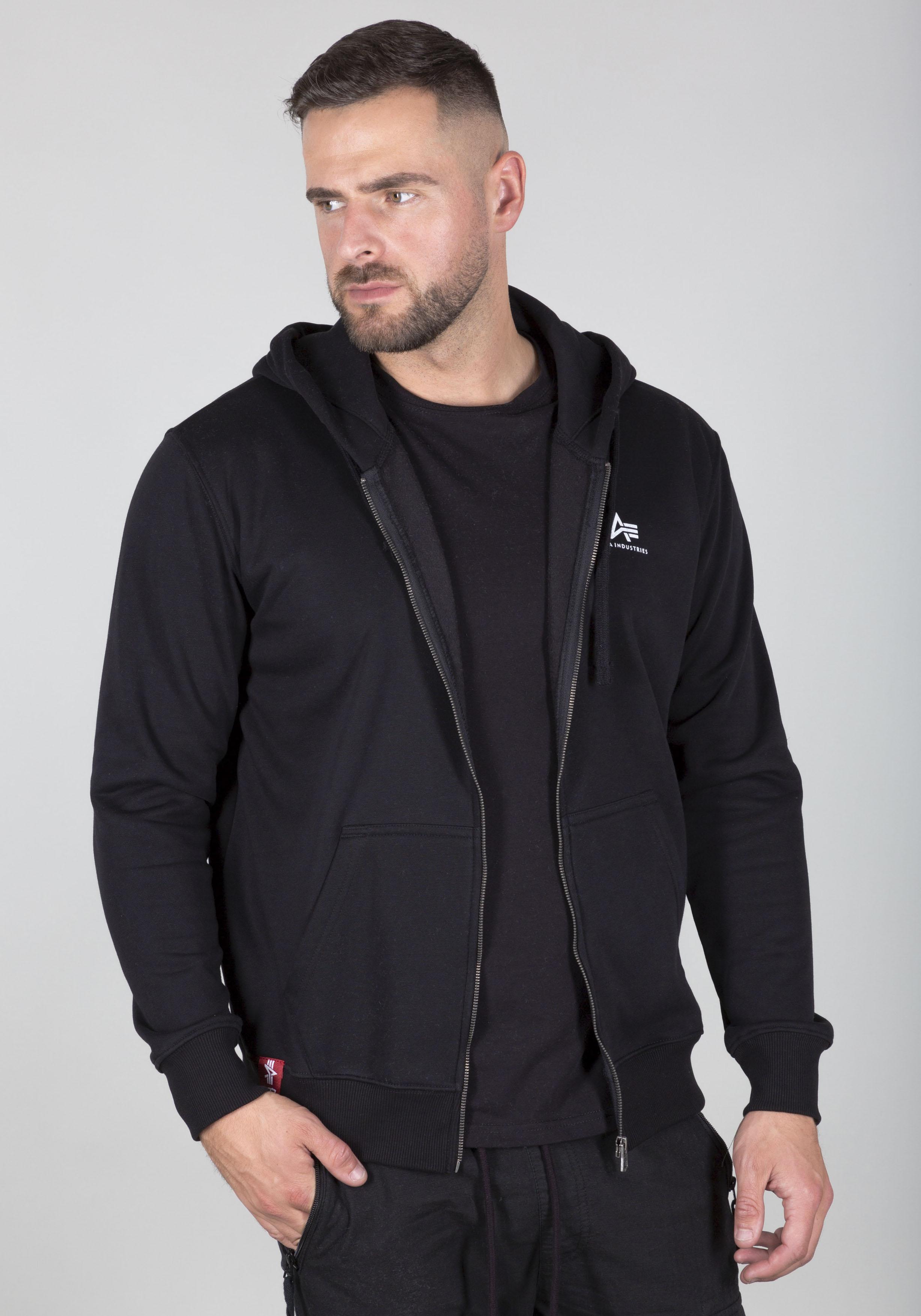 Kapuzensweatjacke Alpha Industries "Basic Zip Hoody Sl", Herren, Gr. M, Schwarz, Angeraute Sweatware, Obermaterial: 80% Baumwolle, 20% Polyester, Bedruckt, Normal Normal, Rundhals, RippbüNdchen, Sweatjacken, Baumwollmischung, Regular Fit