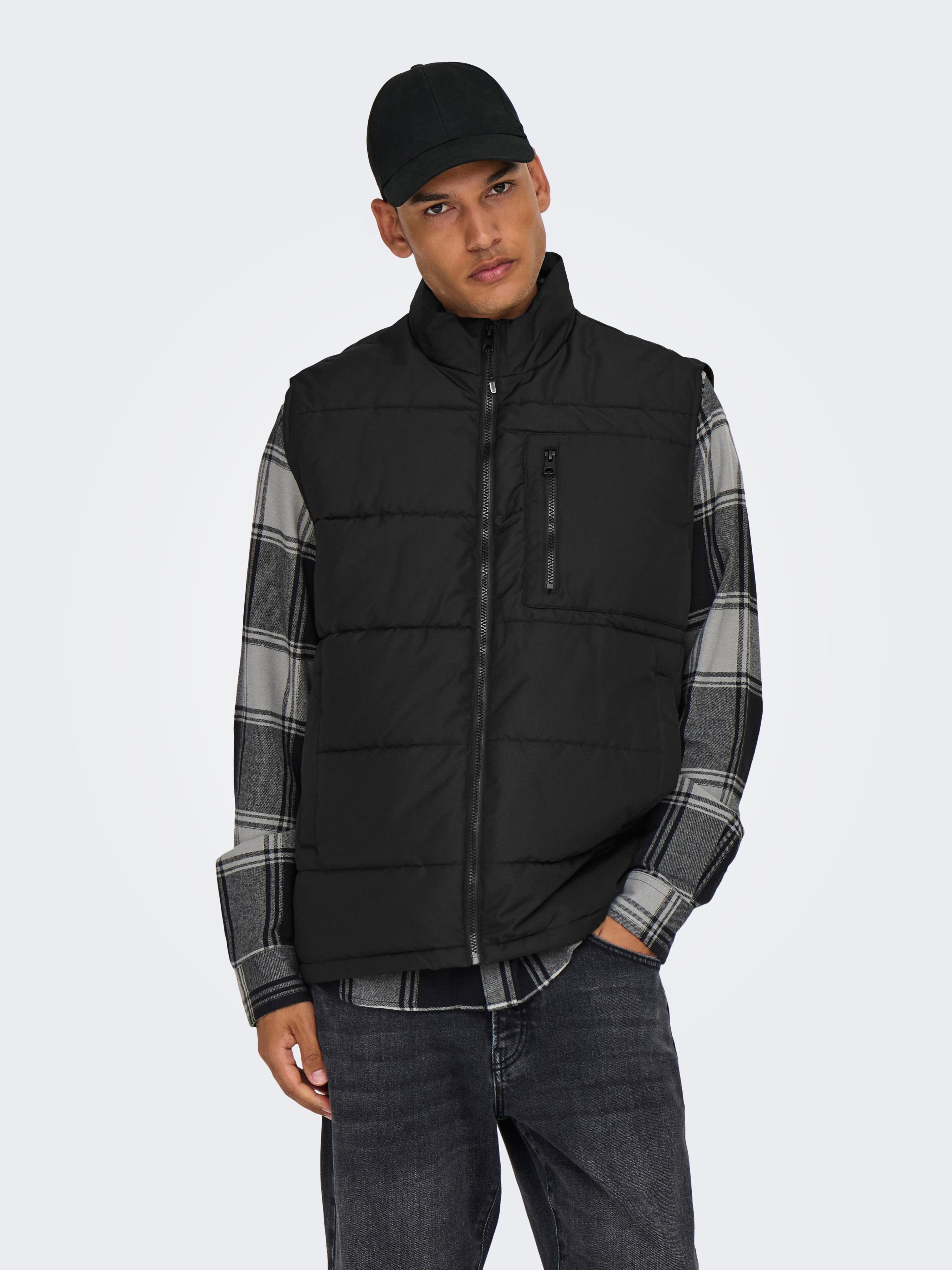 Steppweste Only & Sons "Onsjake Quilted Vest Otw", Herren, Gr. L, Schwarz, Web, Obermaterial: 100% Polyester, Unifarben, Regular Fit Normal, Westen Steppweste