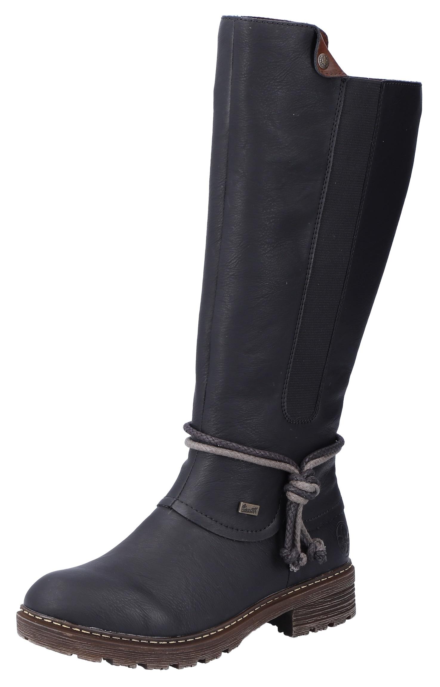 Winterstiefel RIEKER, Damen, Gr. 38, schwarz, Lederimitat, Schuhe Winterstiefel, Langschaftstiefel, Blockabsatz, TEX-Membran, seitlicher Stretch