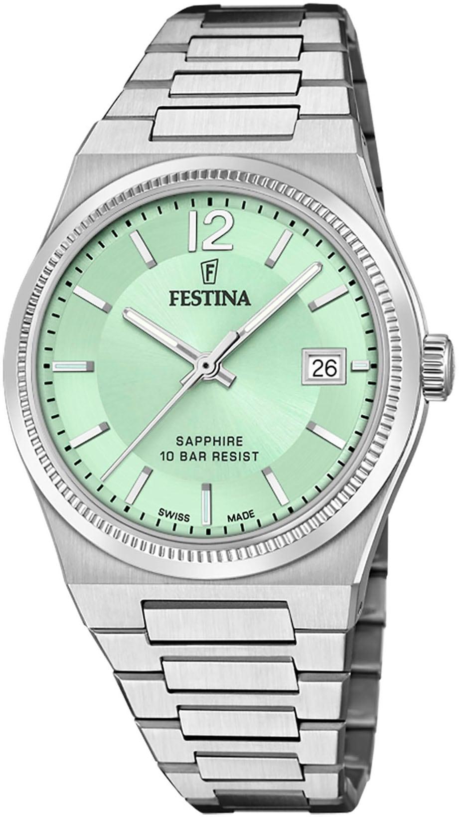 Quarzuhr FESTINA "Rivé Collection", silber (silberfarben, hellgrün), Armbanduhren, Damen, Quarzuhr, Armbanduhr, Damenuhr, Swiss Made, Saphirglas, bis 10 bar wasserdicht