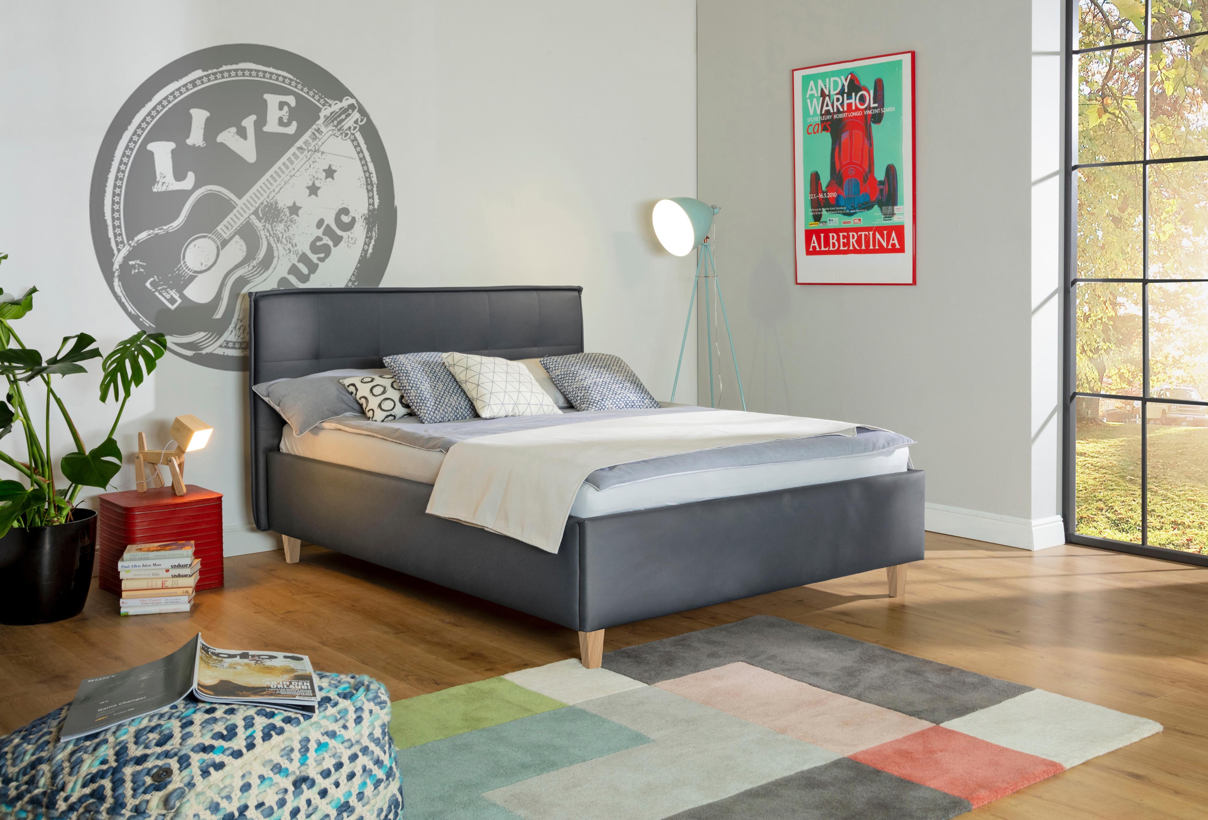 Polsterbett ALINA "Hakon", grau (grau tls 39), B:181cm H:107cm L:209cm, Betten, Polsterbett, wahlweise mit Matratze und Lattenrost, Füße in Buche natur