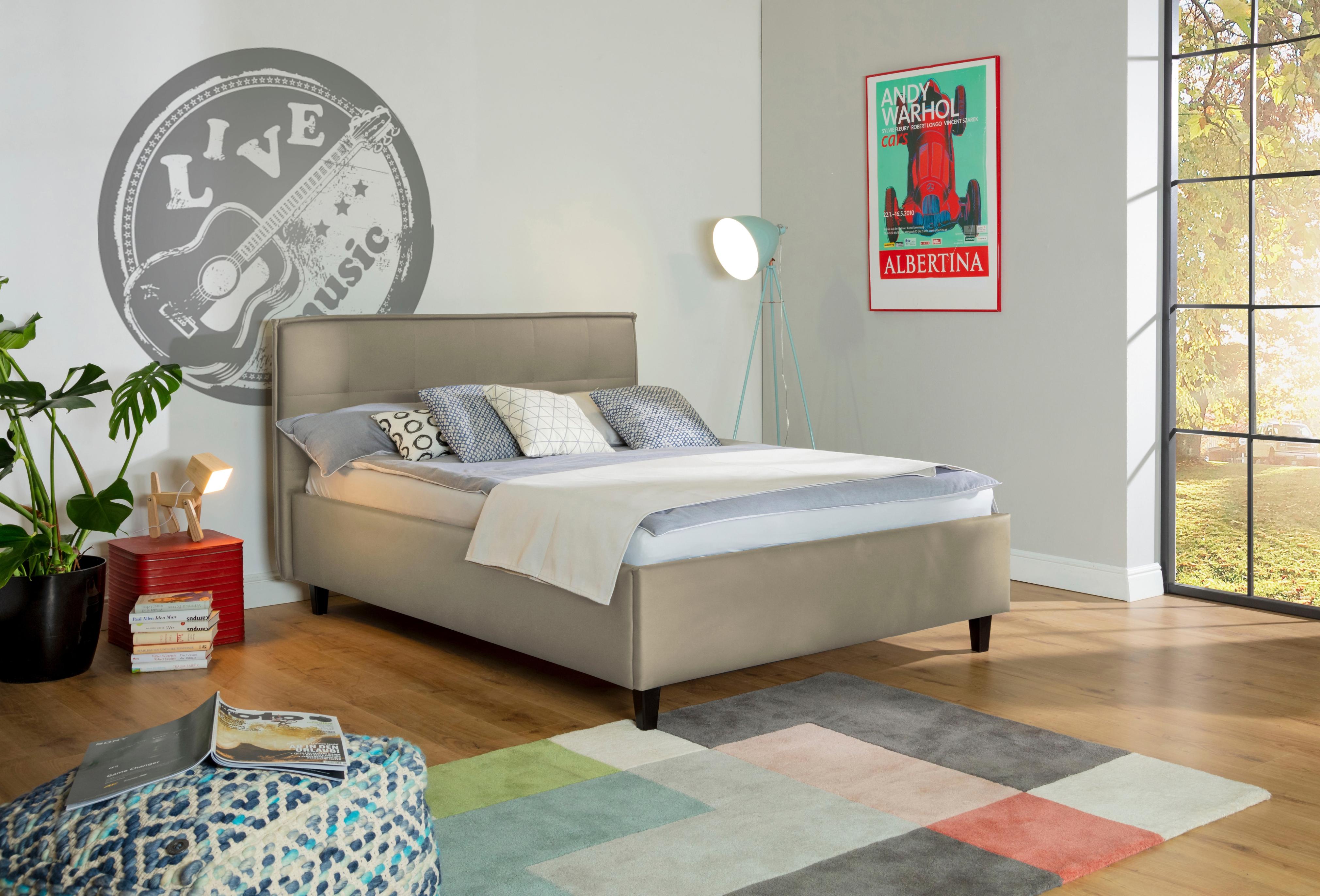 Polsterbett ALINA "Hakon", beige (schlamm tls 49), B:201cm H:107cm L:209cm, Betten, Polsterbett, wahlweise mit Matratze und Lattenrost, Füße in Tabak