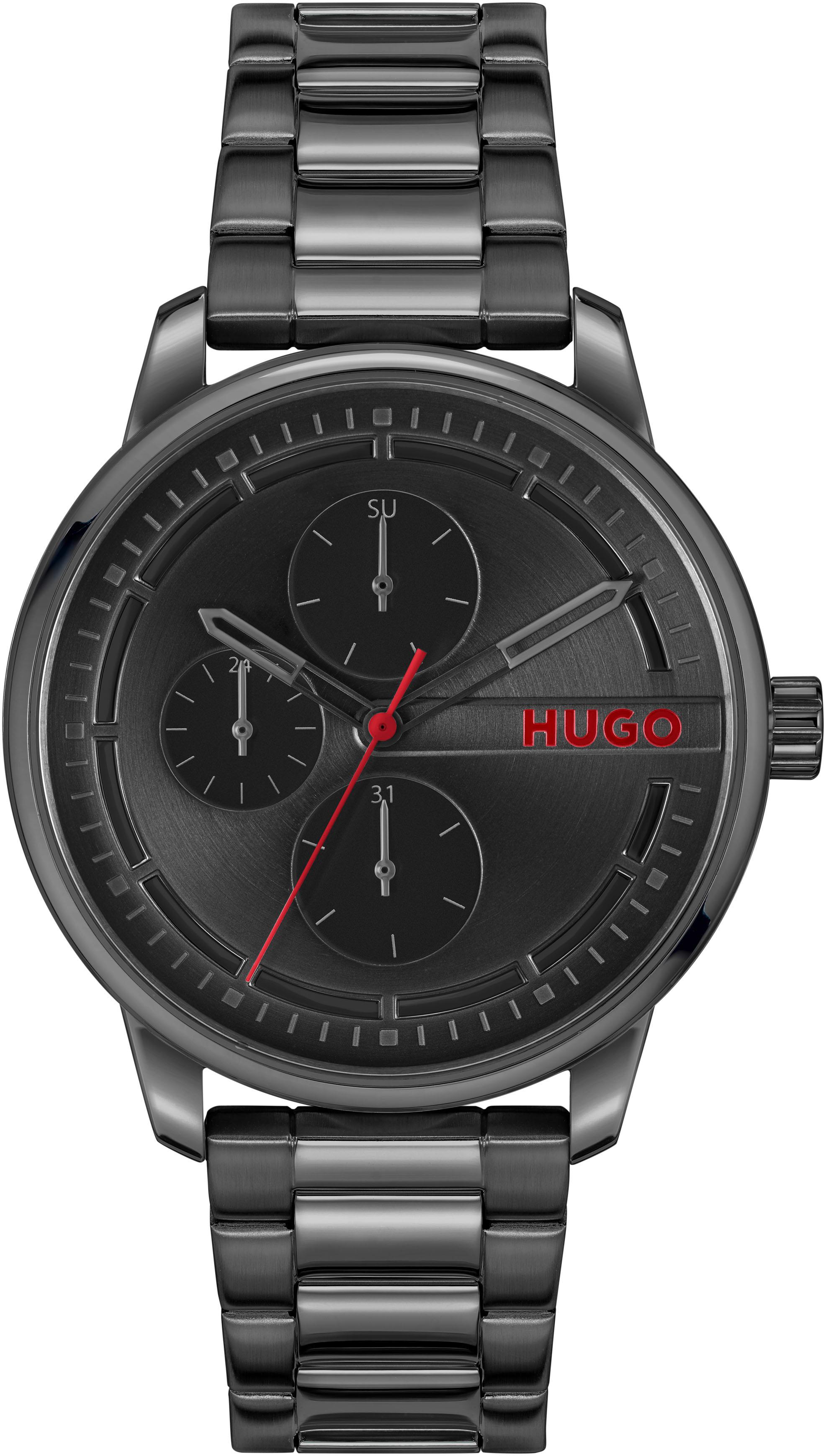 Multifunktionsuhr HUGO "STAMP MULTI", schwarz (schwarz, schwarz), Armbanduhren, Damen, Multifunktionsuhr, Armbanduhr, Quarzuhr, Herrenuhr, Datum, Edelstahlarmband