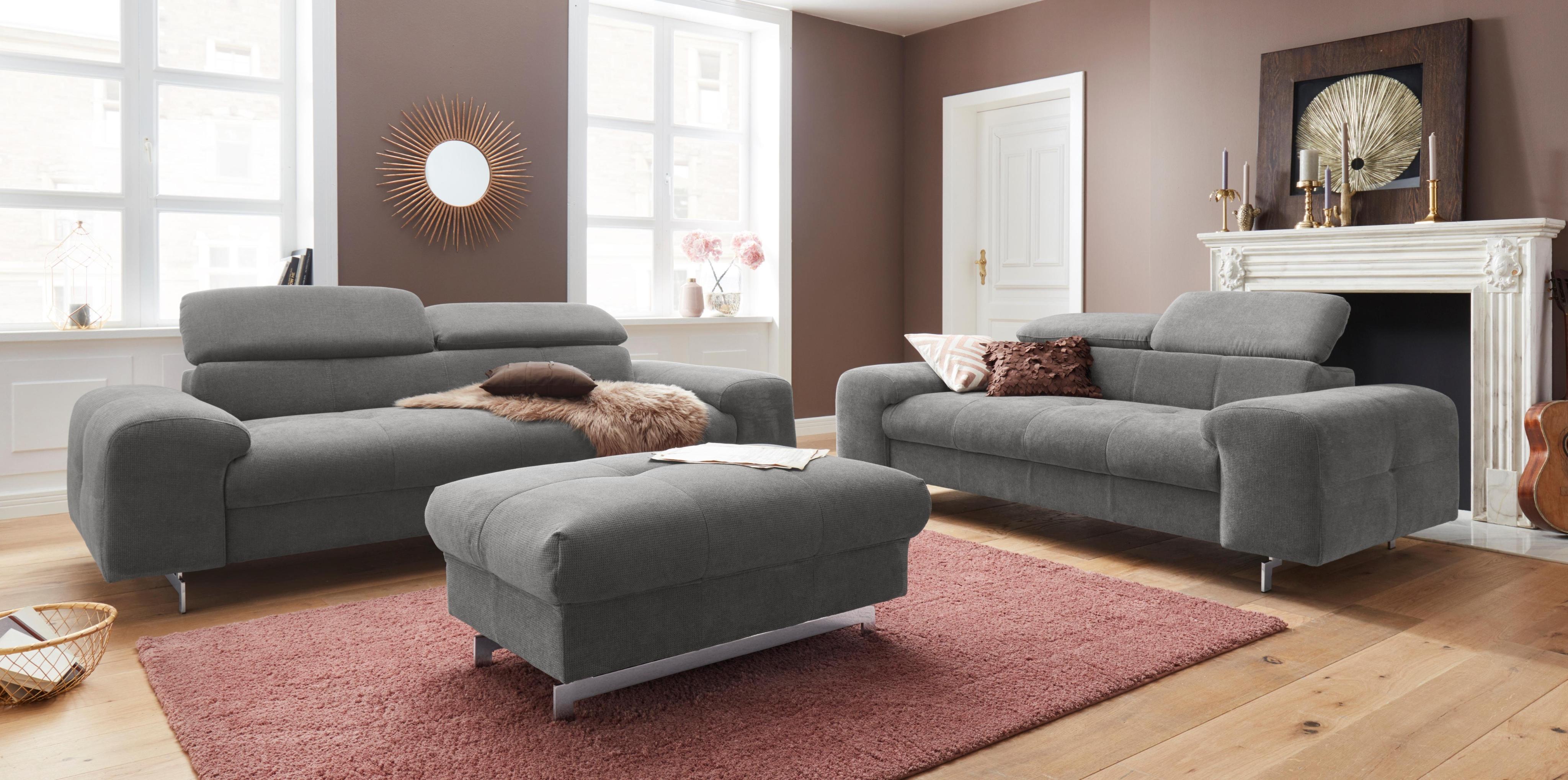 Polstergarnitur COTTA "Chef", grau (stone), B:201cm, Sitzmöbel-Sets, Polstergarnitur, Set bestehend aus: 2-Sitzer mit Kopfteilverstellung & Hocker