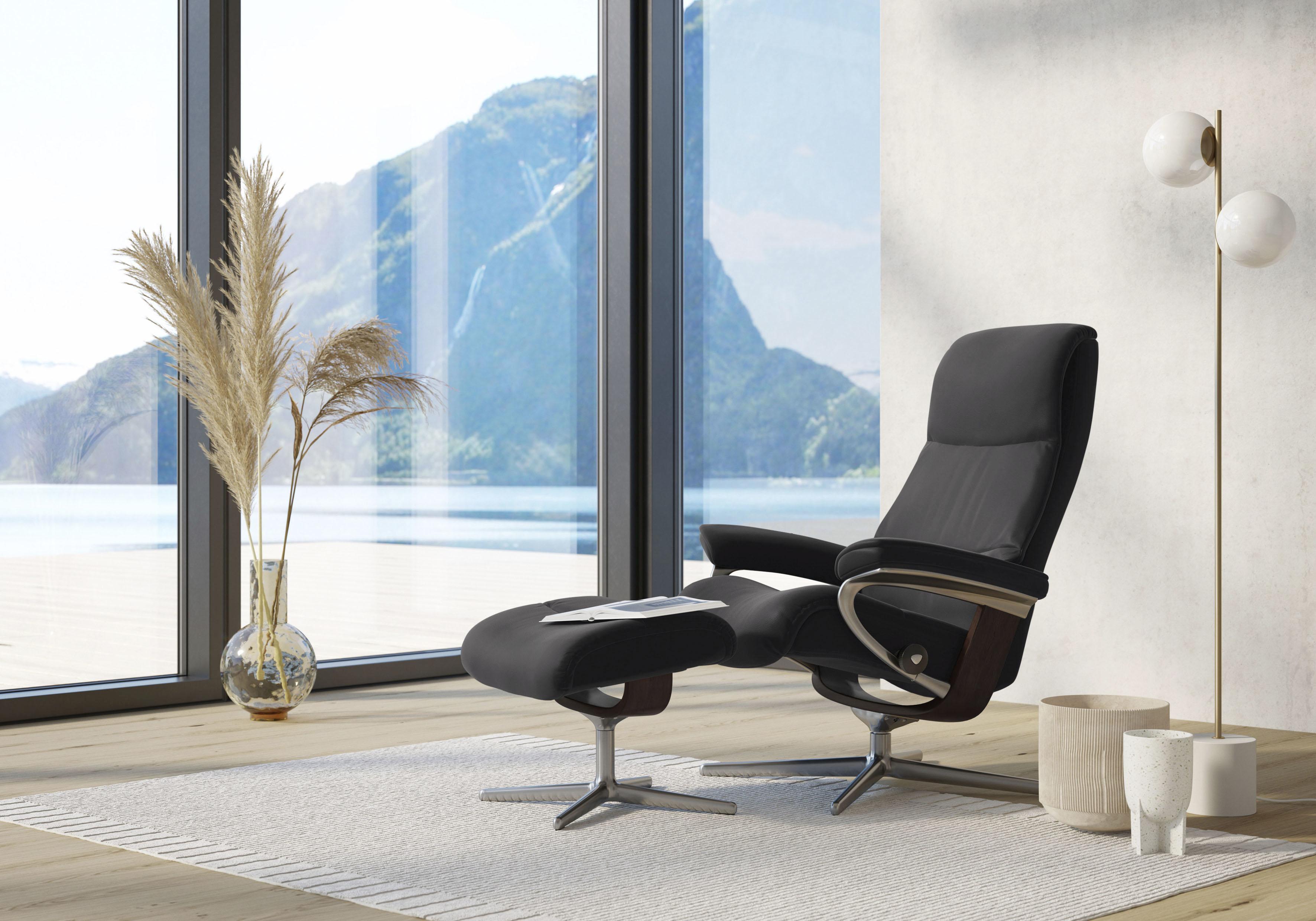 Relaxsessel STRESSLESS "View", grau (rock paloma), B:91cm H:110cm T:85cm, Leder PALOMA: PALOMA ist ein durchgefärbtes Semianilin-Möbelleder mit natürlicher Narbung., Sessel, Relaxsessel, mit Hocker, mit Cross Base, Größe S, M & L, Holzakzent Braun