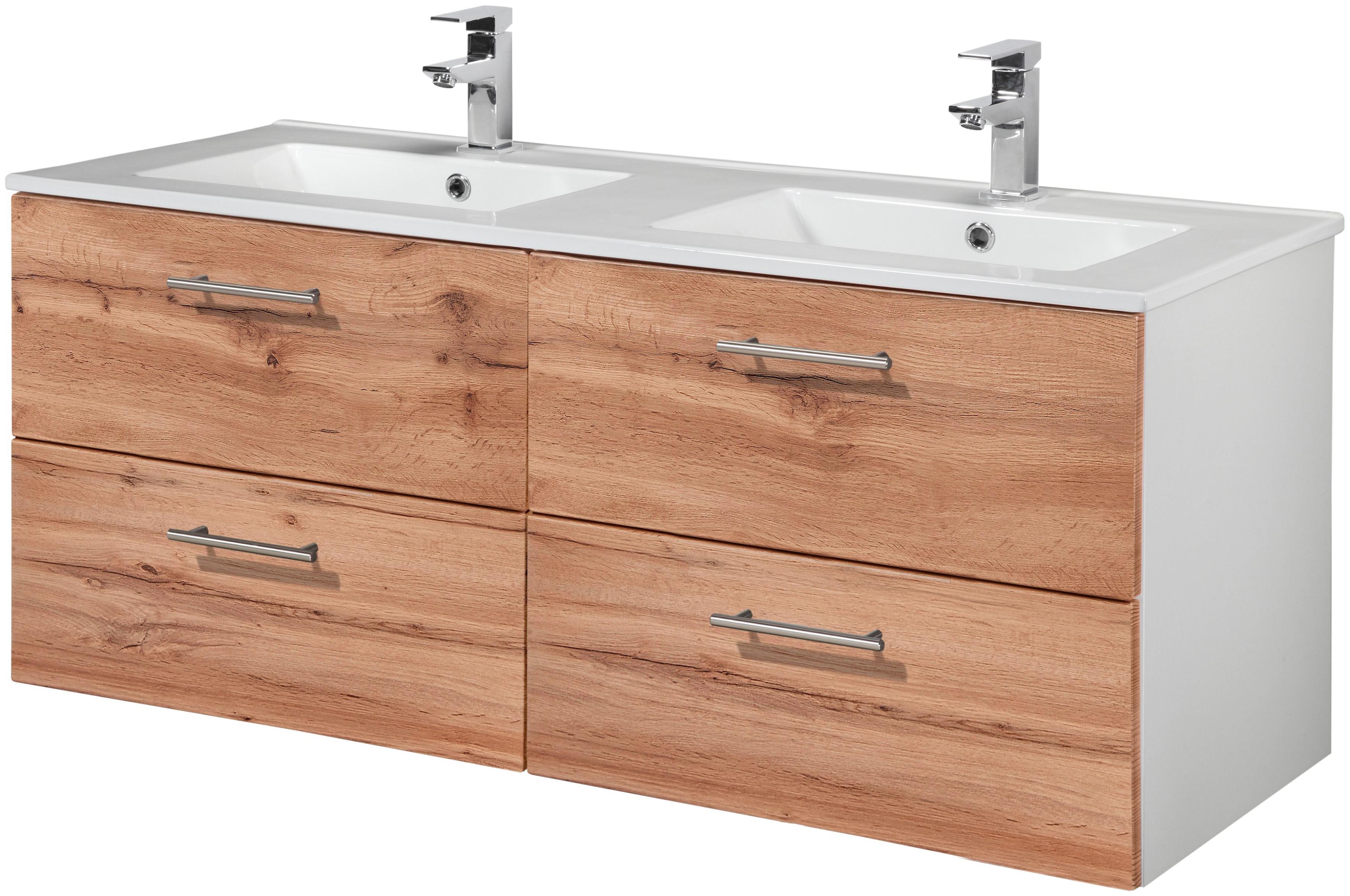 Doppelwaschtisch WELLTIME "Trento, verschiedene Ausführungen und Farben", weiß (weiß, wotaneiche, weiß), B:120cm H:54cm T:47cm, Waschtische, Doppelwaschtisch, Badmöbel in Breite 120 cm, 2 Doppel-Waschbecken zur Auswahl