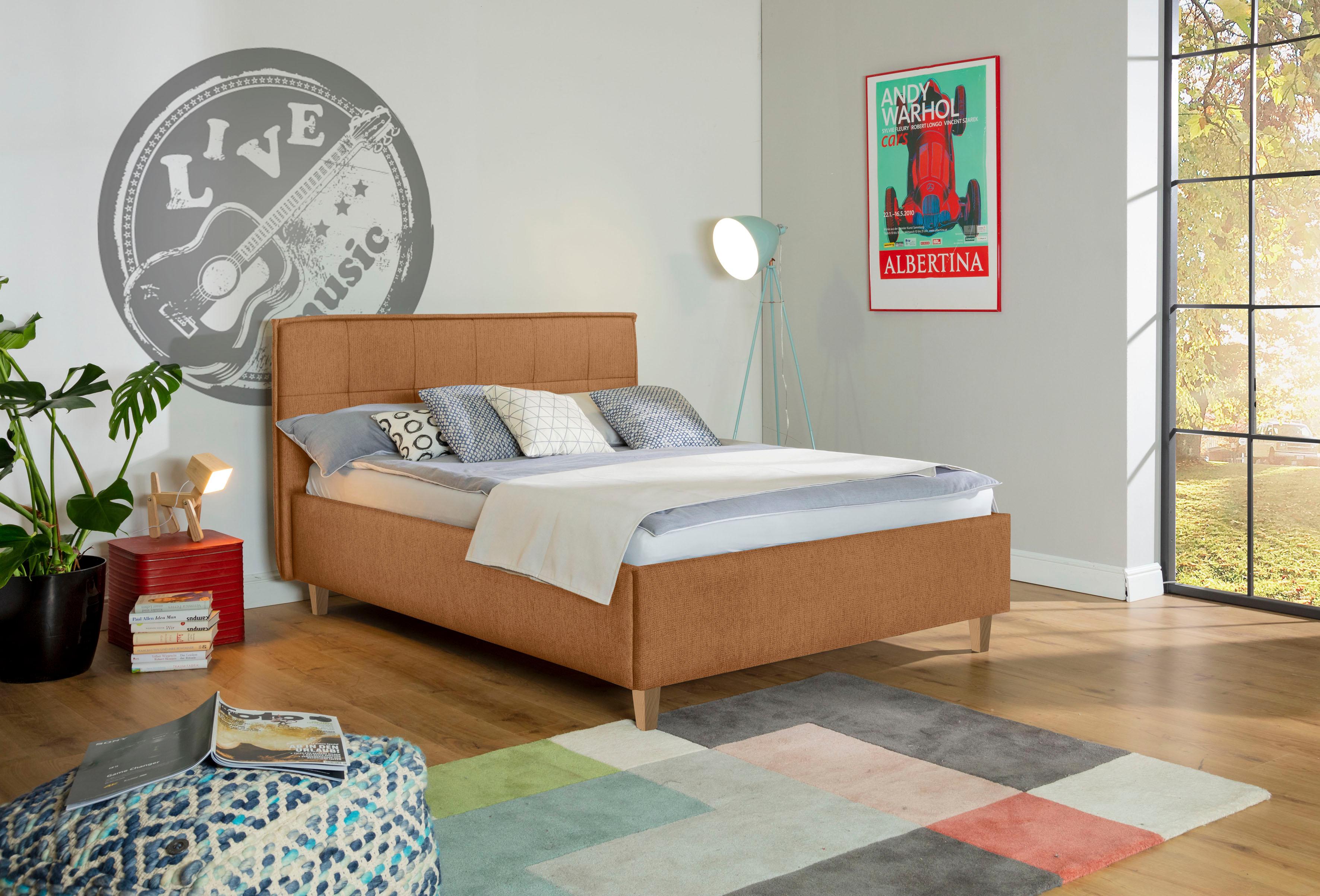 Polsterbett ALINA "Hakon", gelb (ocker gfs 75), B:201cm H:107cm L:209cm, Chenille GFS (100% Polyester), Betten, Polsterbett, wahlweise mit Matratze und Lattenrost, Füße in Buche natur