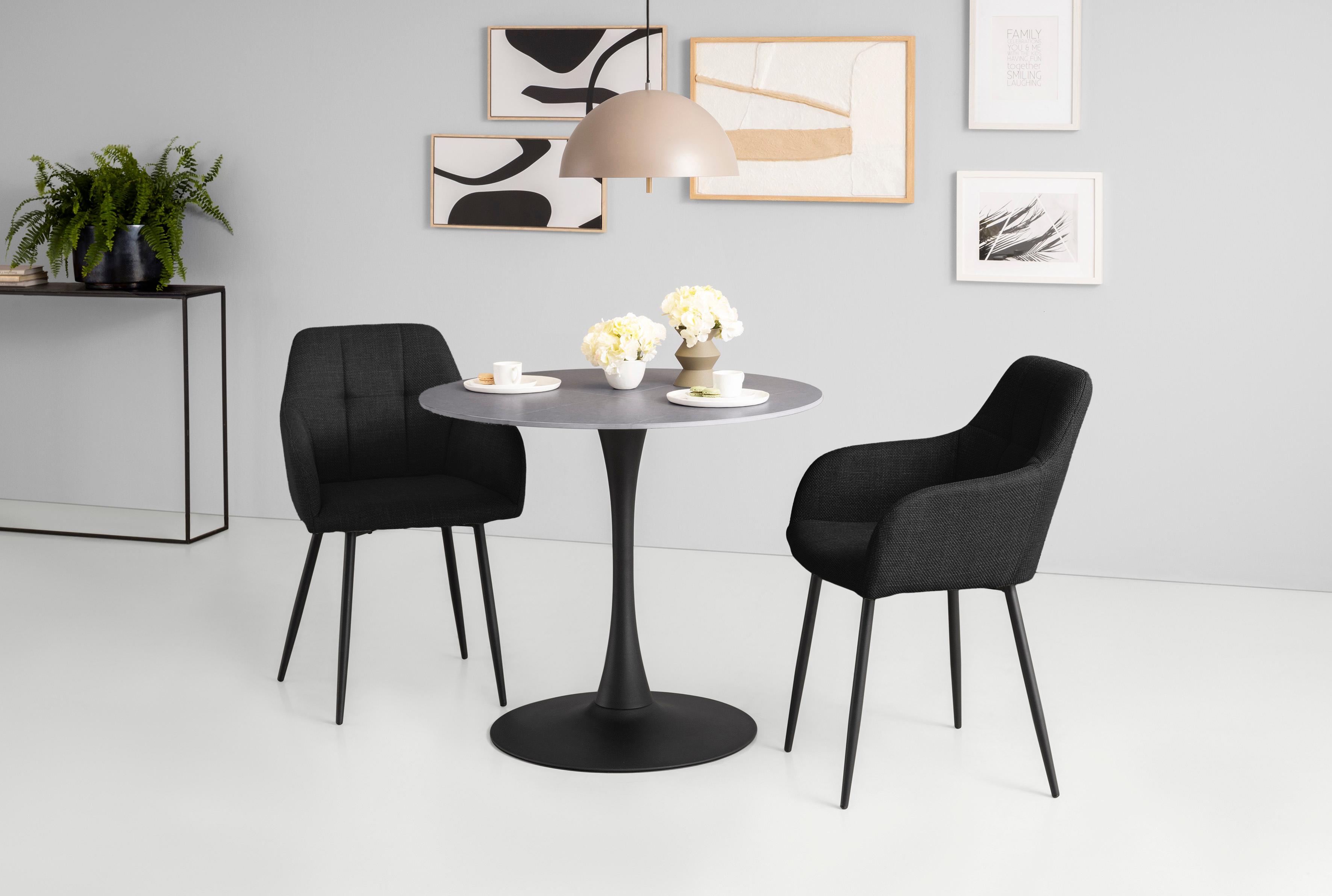 Essgruppe HELA "MOSEL", grau (marmoroptik grau matt, anthrazit, anthrazit, schwarz), Microfaser Webstoff, Sitzmöbel-Sets, Essgruppe, Tisch 90x75 cm, Platte rund, gesinterter Stein, Armlehnenstuhl