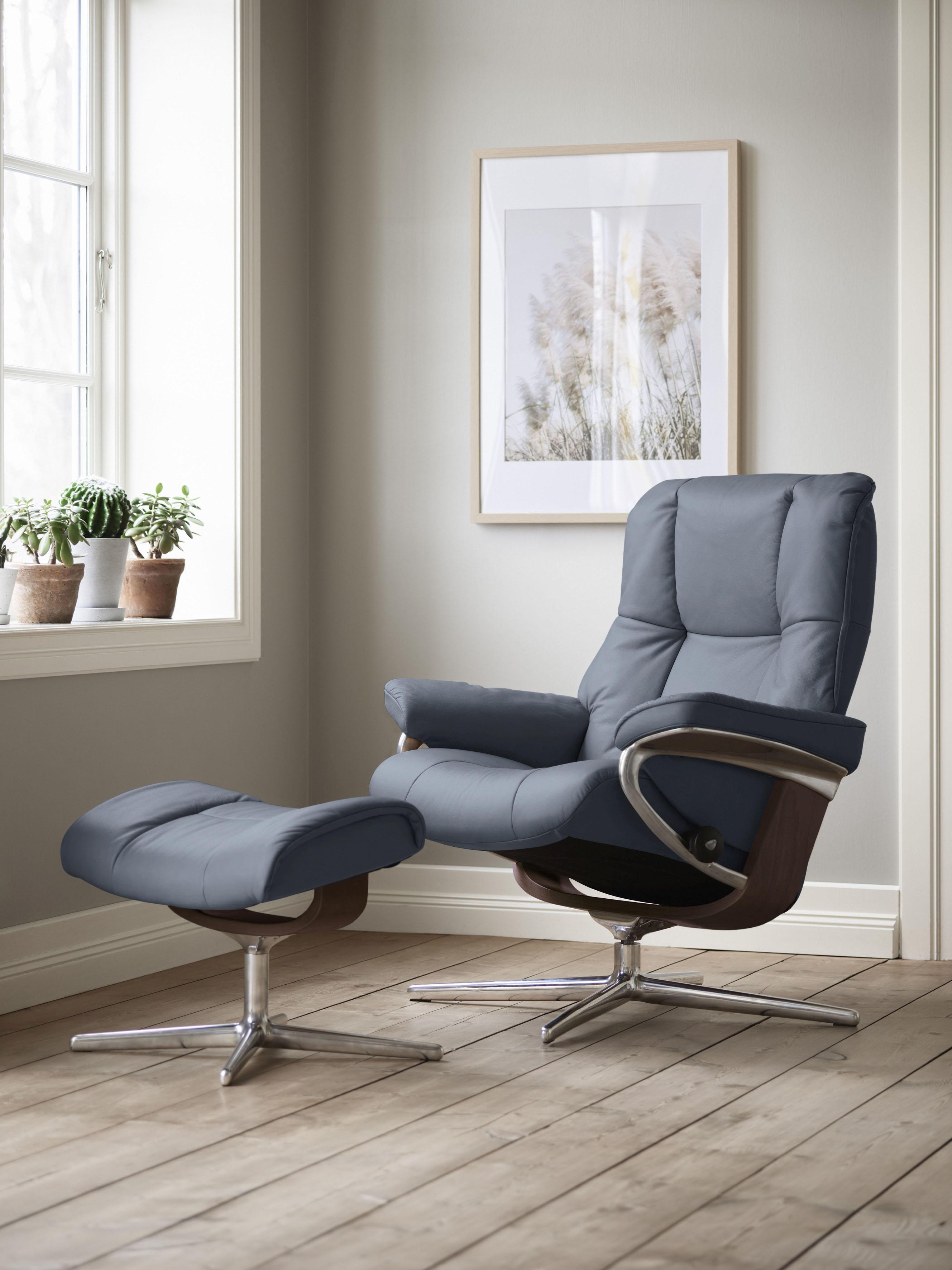 Relaxsessel STRESSLESS "Mayfair", blau (sparrow blau paloma), B:92cm H:103cm T:79cm, Leder PALOMA: PALOMA ist ein durchgefärbtes Semianilin-Möbelleder mit natürlicher Narbung., Sessel, Relaxsessel, mit Hocker, mit Cross Base, Größe S, M & L, Holzakzent Braun