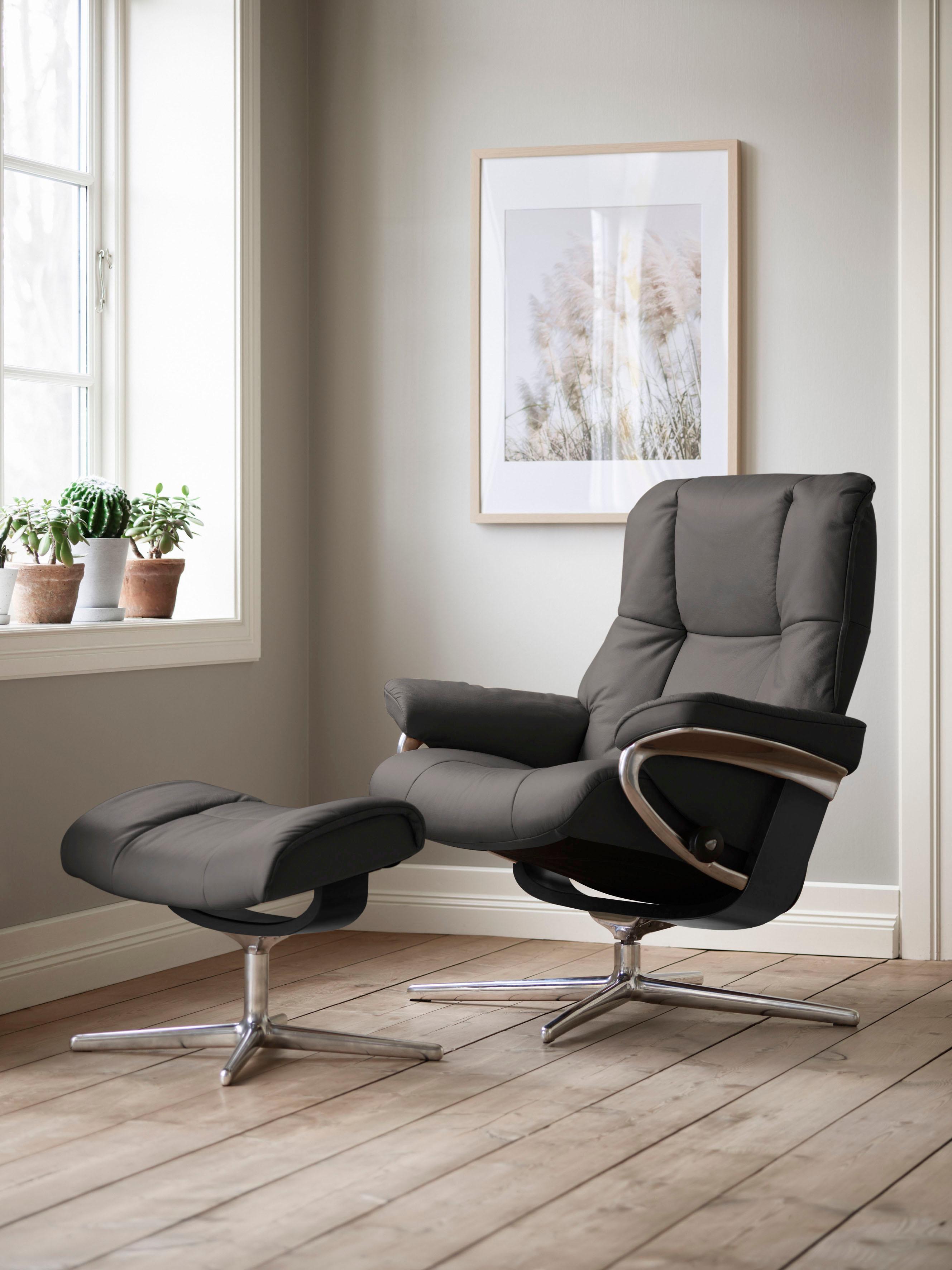 Relaxsessel STRESSLESS "Mayfair", grau (rock paloma), B:92cm H:103cm T:79cm, Leder PALOMA: PALOMA ist ein durchgefärbtes Semianilin-Möbelleder mit natürlicher Narbung., Sessel, Relaxsessel, mit Hocker, mit Cross Base, Größe S, M & L, Holzakzent Schwarz