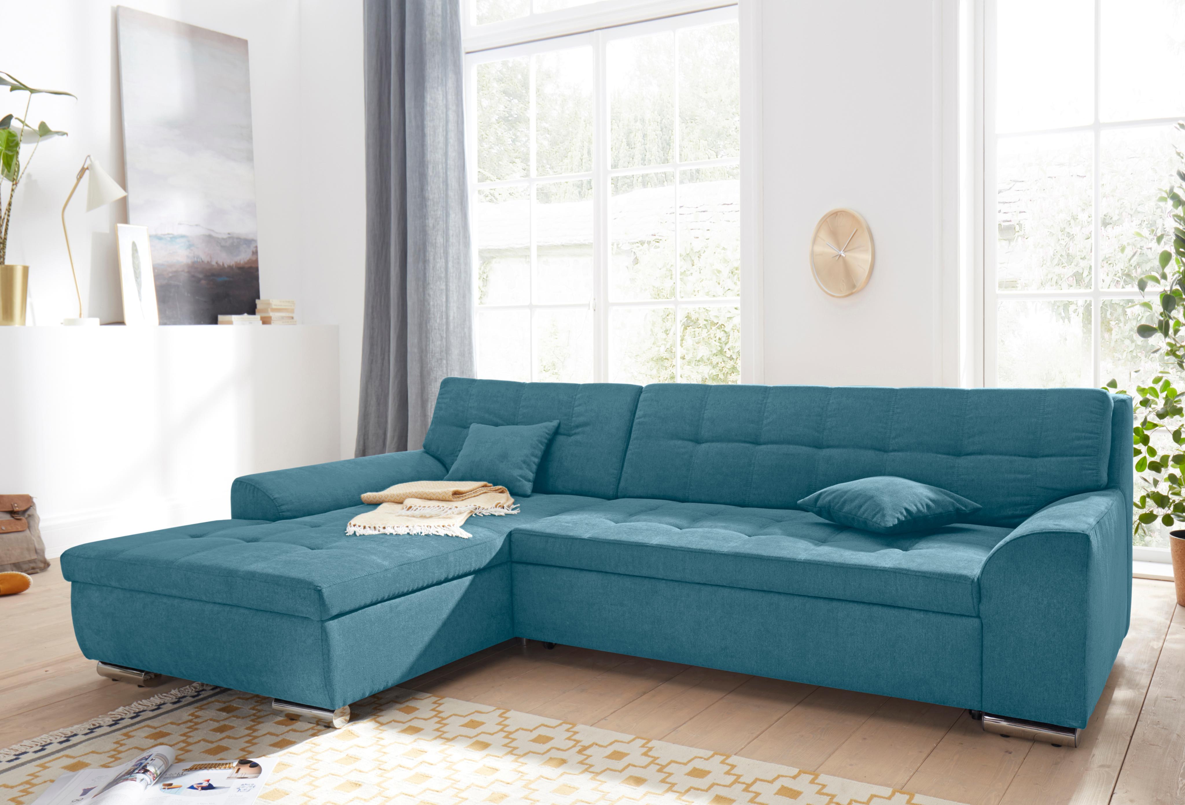 Ecksofa DOMO COLLECTION "Aversa, moderne Steppung, geschwungene Armlehnen, Breite 267cm", blau (türkis), B:267cm H:83cm T:178cm, Struktur weich (100% Polyester);Luxus-Microfaser (100% Polyester);Struktur (100% Polyester), Sofas, Ecksofa, L-Form, wahlweise mit Bettfunktion