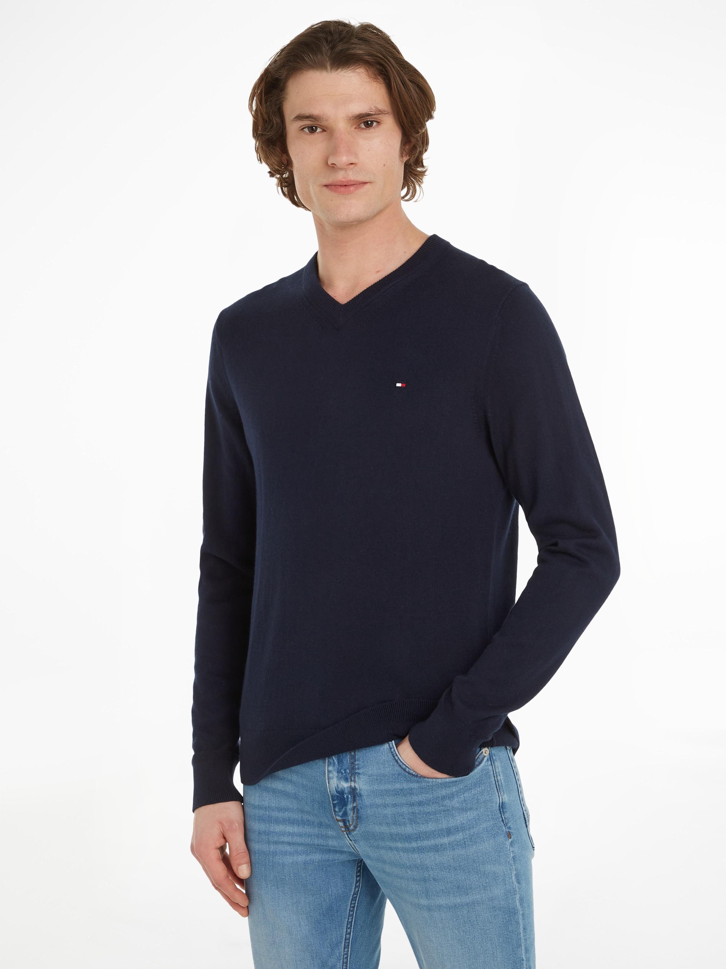 V-Ausschnitt-Pullover Tommy Hilfiger "Pima Org Ctn Cashmere V Neck", Herren, Gr. 3XL, Blau (Desert Sky), Obermaterial: 92% Baumwolle, 8% Kaschmir, V-Ausschnitt, Pullover