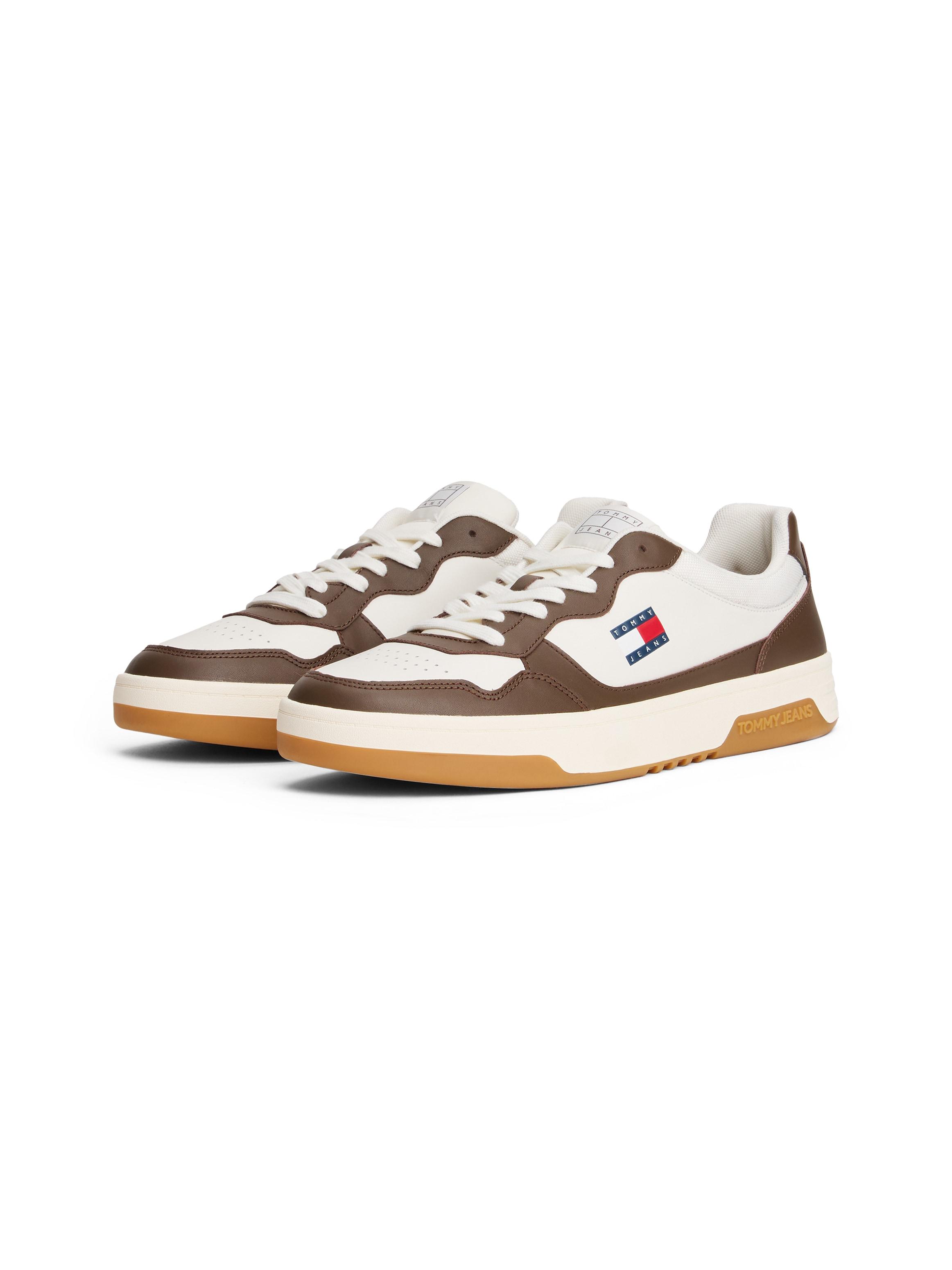 Sneaker Tommy Jeans "(New) Tjm Cupsole Leather Ess", Herren, Gr. 42, Braun (Ivory, Braun), Leder, Lederimitat, Textil, Kontrastfarbene Details, Schuhe Sneaker, Freizeitschuh, Halbschuh, SchnüRschuh Im Basket-Look