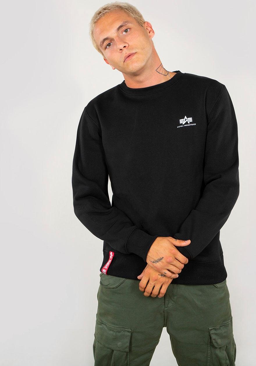 Sweatshirt Alpha Industries "Basic Sweater Small Logo", Herren, Gr. L, Schwarz, Angeraute Sweatware, Obermaterial: 80% Baumwolle, 20% Polyester, Bedruckt, Normal Normal, Rundhals, RippbüNdchen, Sweatshirts Sweatshirt, Baumwollmischung, Regular Fit