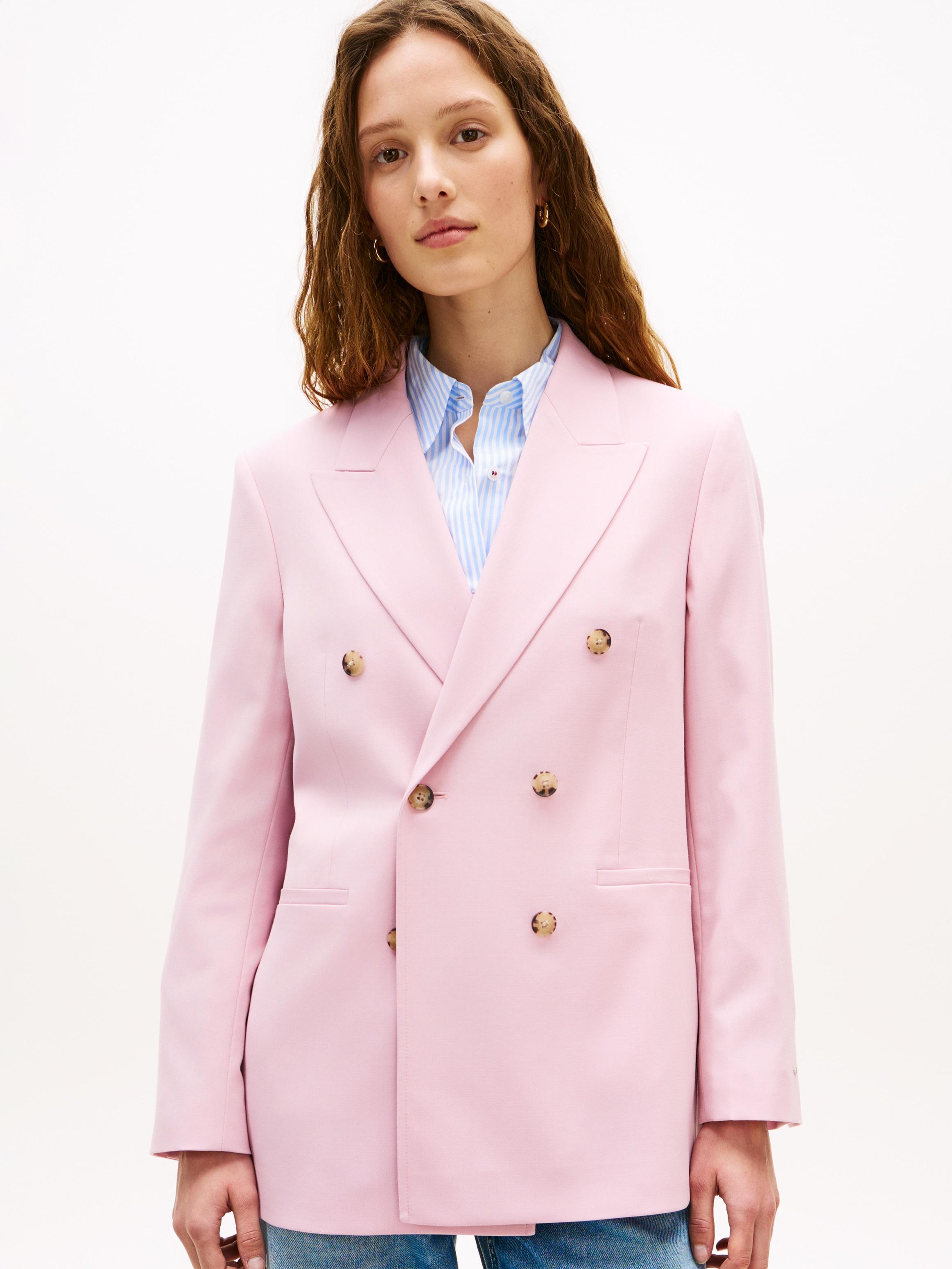 Kurzblazer Tommy Hilfiger "Timeless Wool Db Blazer", Damen, Gr. 38, Bon. Pink, Web, Obermaterial: 54% Polyester, 44% Wolle, 2% Elasthan, Unifarben, Bequem, V-Ausschnitt, Blazer Kurzblazer, Mit Doppelreihiger Knopfleiste