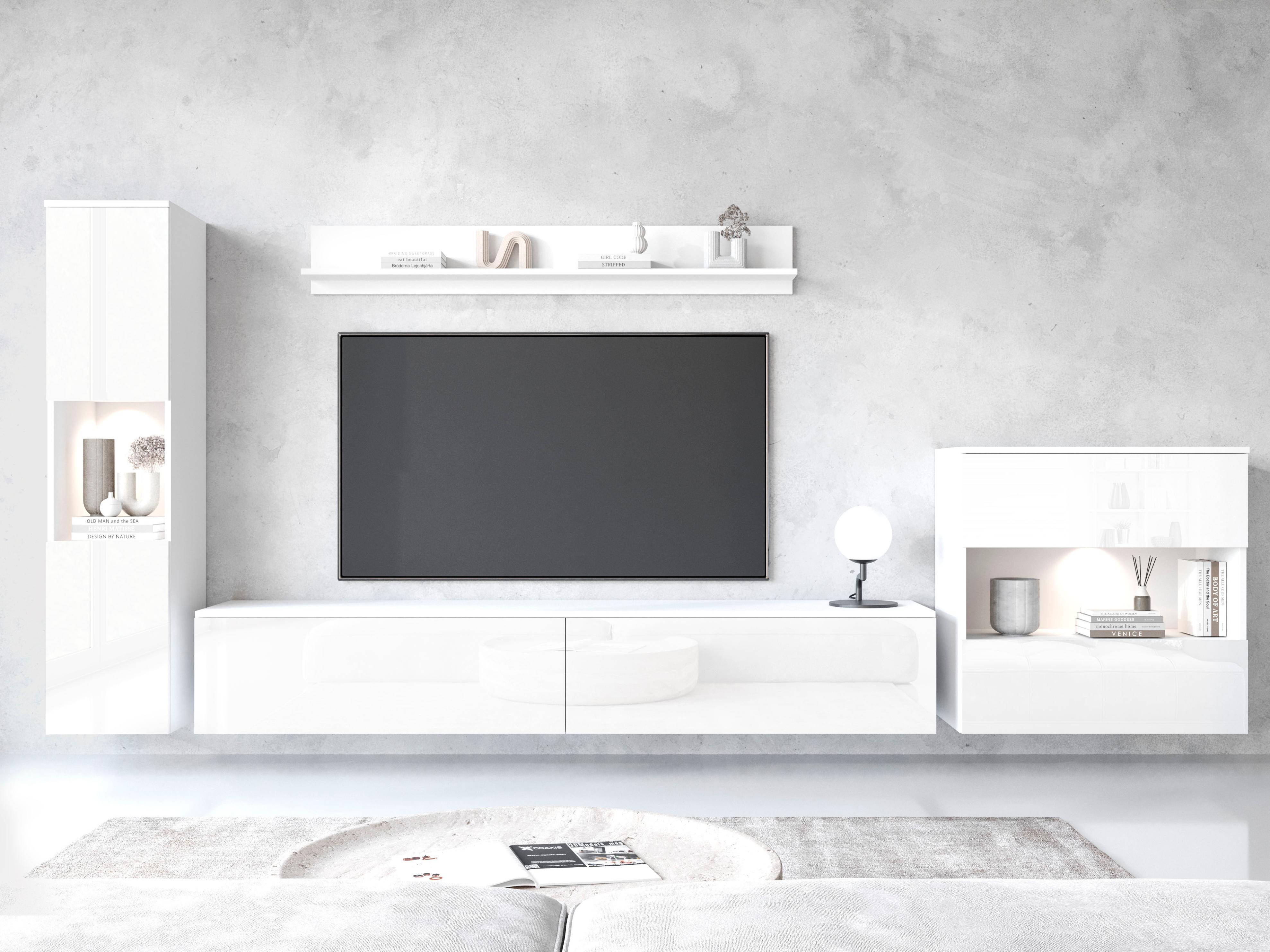 Wohnwand OTTO HOME "PARIS, Vitrine Türanschlag links/rechts wechselbar", weiß (weiß matt, weiß hochglanz), B:300cm H:130cm T:33cm, Hartfaserplatte, Kastenmöbel-Sets, Wohnwand, grifflose Design, stehend und hängend montierbar