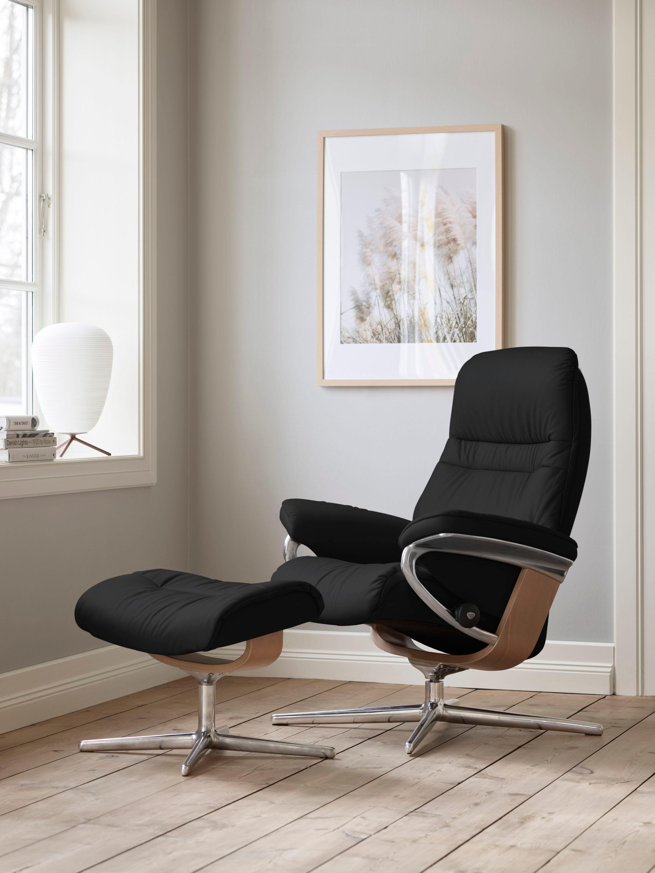Relaxsessel STRESSLESS "Sunrise", schwarz (schwarz paloma), B:83cm H:105cm T:74cm, Leder PALOMA: PALOMA ist ein durchgefärbtes Semianilin-Möbelleder mit natürlicher Narbung., Sessel, Relaxsessel, mit Hocker, mit Cross Base, Größe S, M & L, Holzakzent Eiche