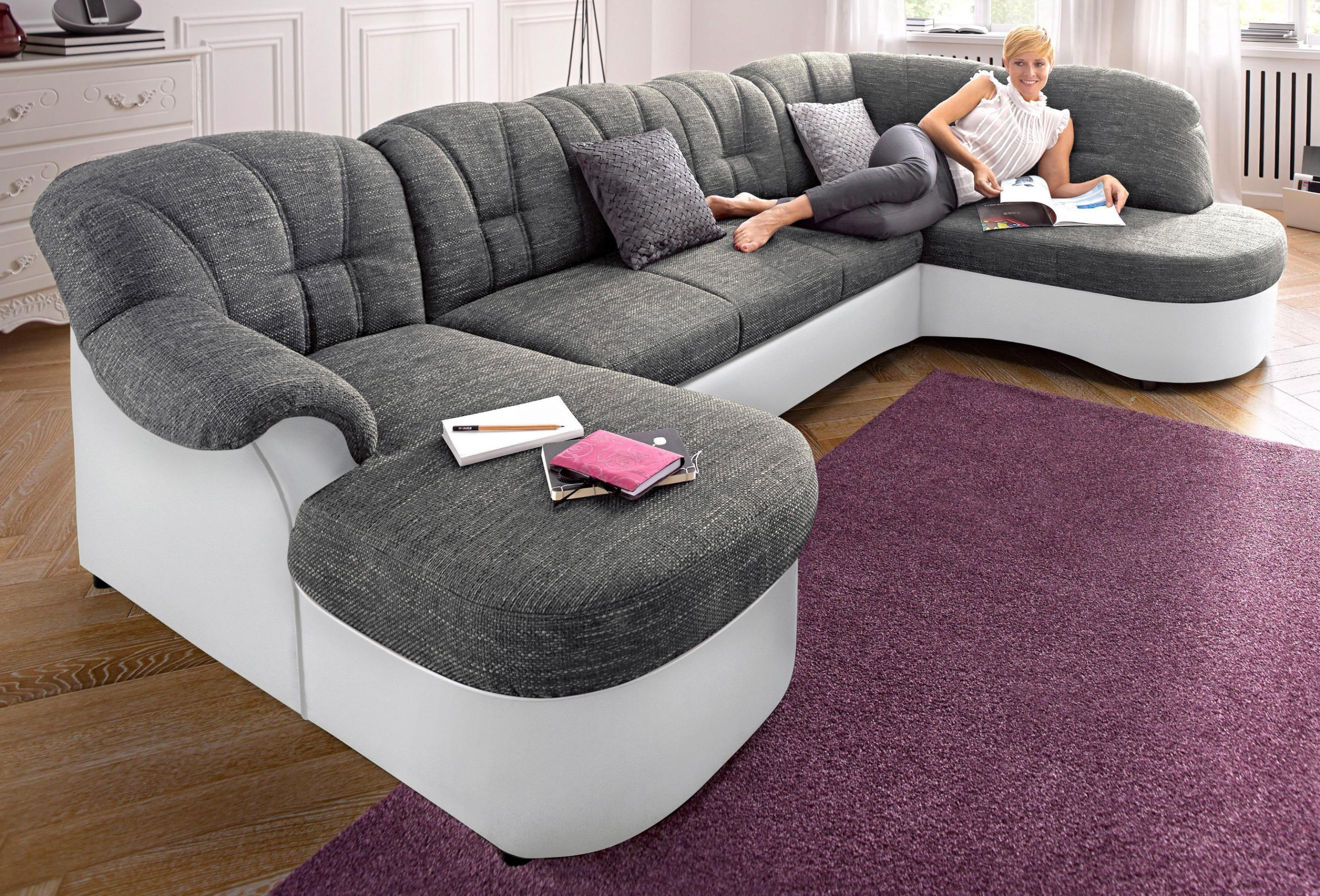 Wohnlandschaft DOMO COLLECTION "Flores auch in Leder-Bezug, B/T/H: 293/180/86 cm, U-Form", weiß (weiß, weiß, grau), B:293cm H:84cm T:182cm, NaturLEDER (echtes Rindsleder) in Sitz und Rücken. Korpus in passendem Kunstleder SOFTLUX bezogen;Microfaser PRIMABELLE (100% Polyester) / Struktur ( 100% Polyester );Kunstleder SOFTLUX / Struktur ( 90% Polyester, 10% Polyacryl ), Sofas, Wohnlandschaft, wahlw.