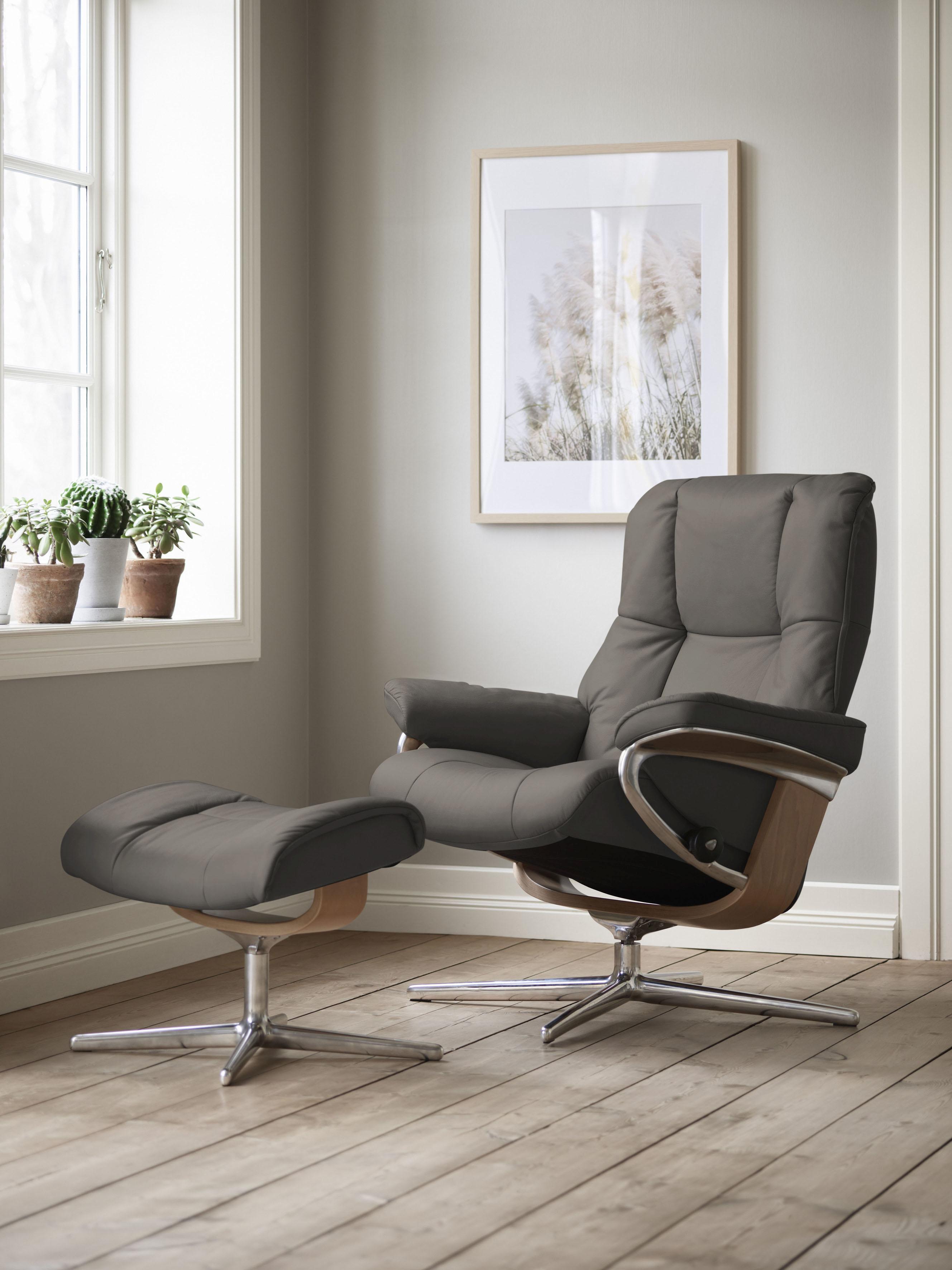 Relaxsessel STRESSLESS "Mayfair", grau (metal grau paloma), B:79cm H:102cm T:73cm, Leder PALOMA: PALOMA ist ein durchgefärbtes Semianilin-Möbelleder mit natürlicher Narbung., Sessel, Relaxsessel, mit Hocker, mit Cross Base, Größe S, M & L, Holzakzent Eiche