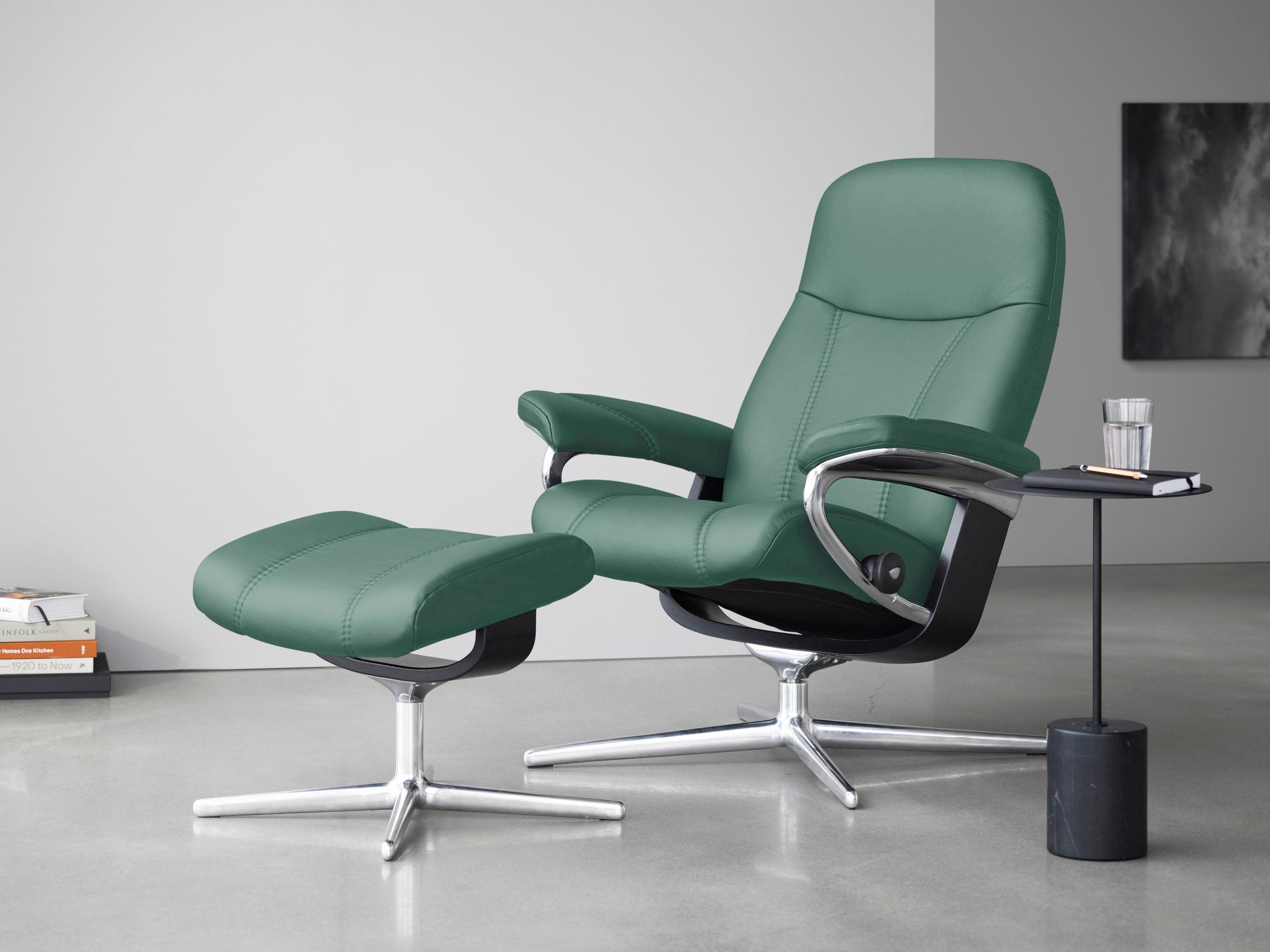 Relaxsessel STRESSLESS "Consul", grün (aqua grün paloma), B:82cm H:102cm T:72cm, Leder PALOMA: PALOMA ist ein durchgefärbtes Semianilin-Möbelleder mit natürlicher Narbung., Sessel, Relaxsessel, mit Hocker, mit Cross Base, Größe S, M & L, Holzakzent Schwarz