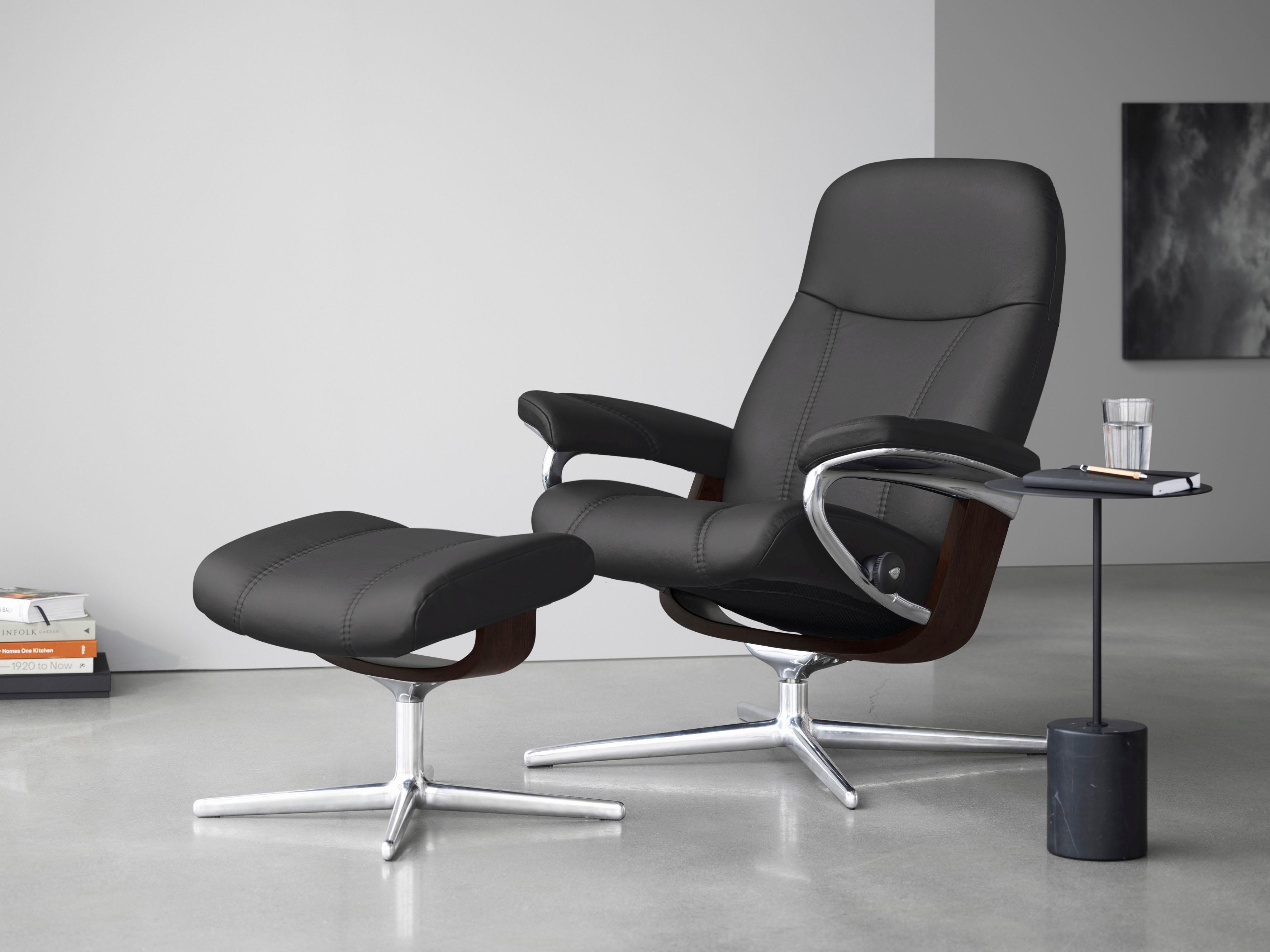 Relaxsessel STRESSLESS "Consul", grau (rock paloma), B:91cm H:102cm T:79cm, Leder PALOMA: PALOMA ist ein durchgefärbtes Semianilin-Möbelleder mit natürlicher Narbung., Sessel, Relaxsessel, mit Hocker, mit Cross Base, Größe S, M & L, Holzakzent Braun