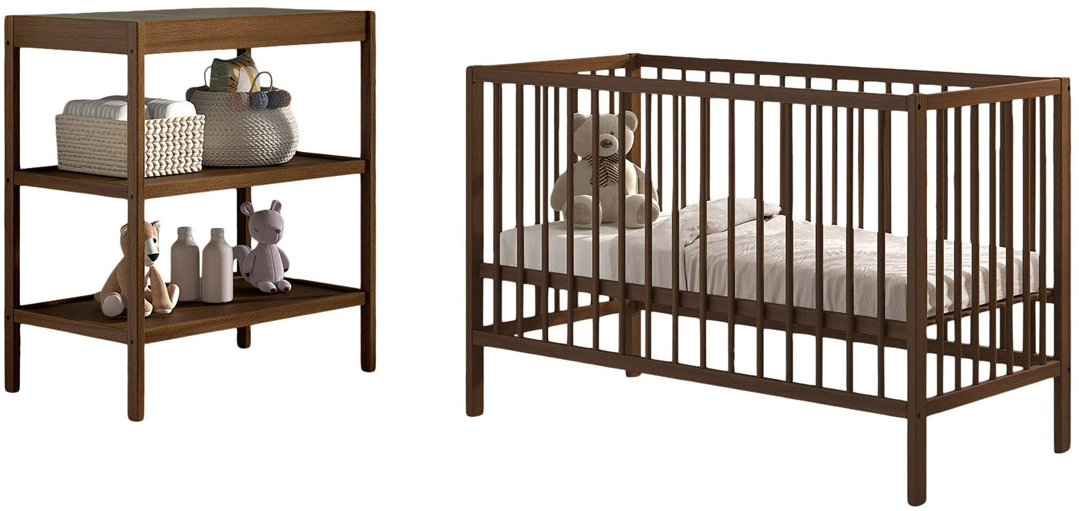 Babymöbel-Set VIPACK "DINO, ideal für Ihr Kinderzimmer, Made in Europe, Buche massiv", buche nussbaum farbig, Einlasstiefe Lattenrost ca. 18,3cm, 33,9cm und 49,5cm + ohne Matratze, B/H: 60cm x 120cm, Einlasstiefe Lattenrost ca. 18,3cm, 33,9cm und 49,5cm, Schlafzimmermöbel-Sets, Babymöbel-Set, Liegefläche 3-fach höhenverstellbar, Ausf. Buche Nussbaumfarbig