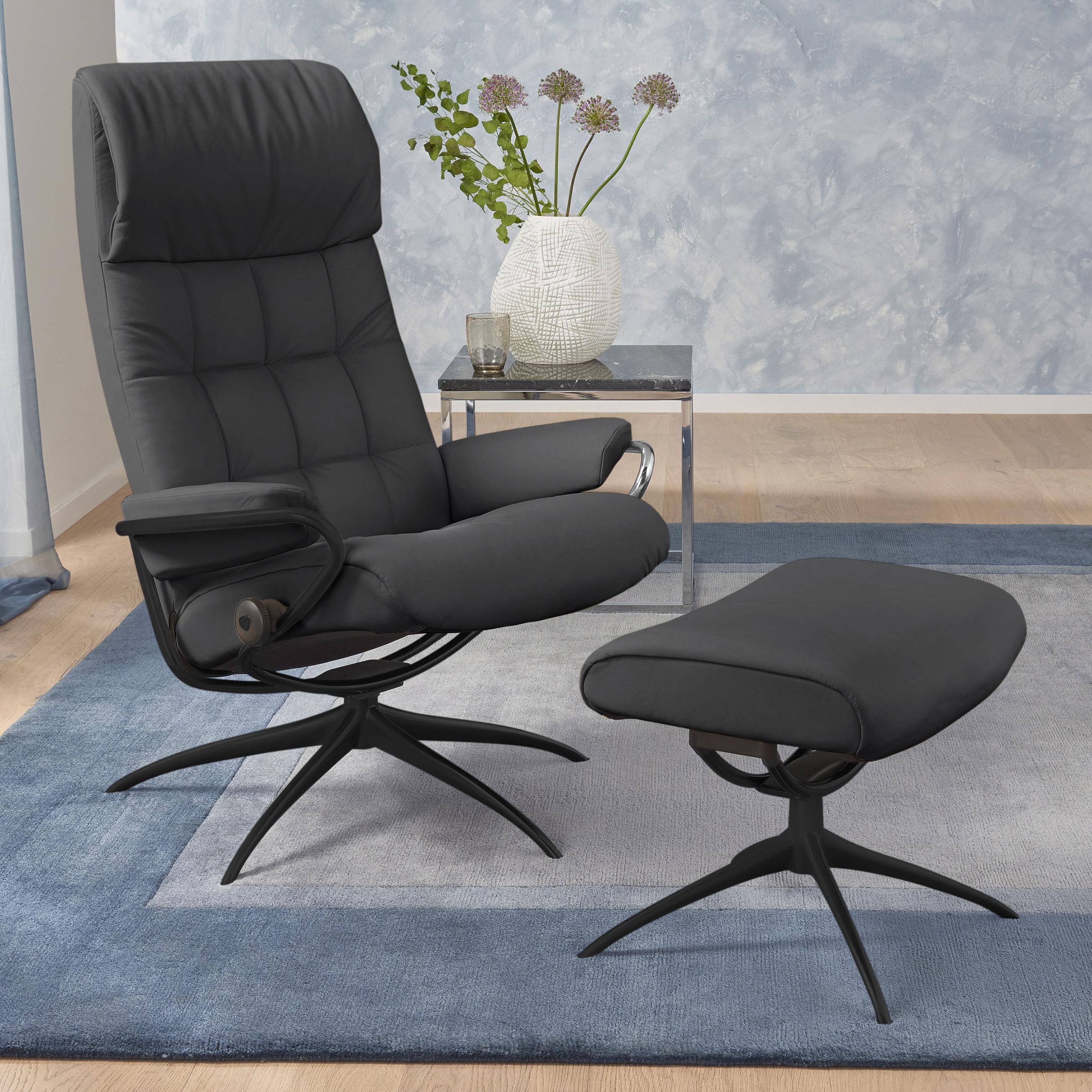 Relaxsessel STRESSLESS "London", schwarz (schwarz batick), B:80cm H:116cm T:71cm, Leder BATICK: durchgefärbtes und genarbtes Möbelleder;Leder PALOMA: durchgefärbtes Semianilin-Möbelleder;ROHLEDER Stoff Q2 FARON (100% Polyester im Flor, Grundgewebe: 50% Polyester, 50% Polyacryl), Sessel, Relaxsessel, mit Hocker, High Back, mit Star Base, Gestell Schwarz