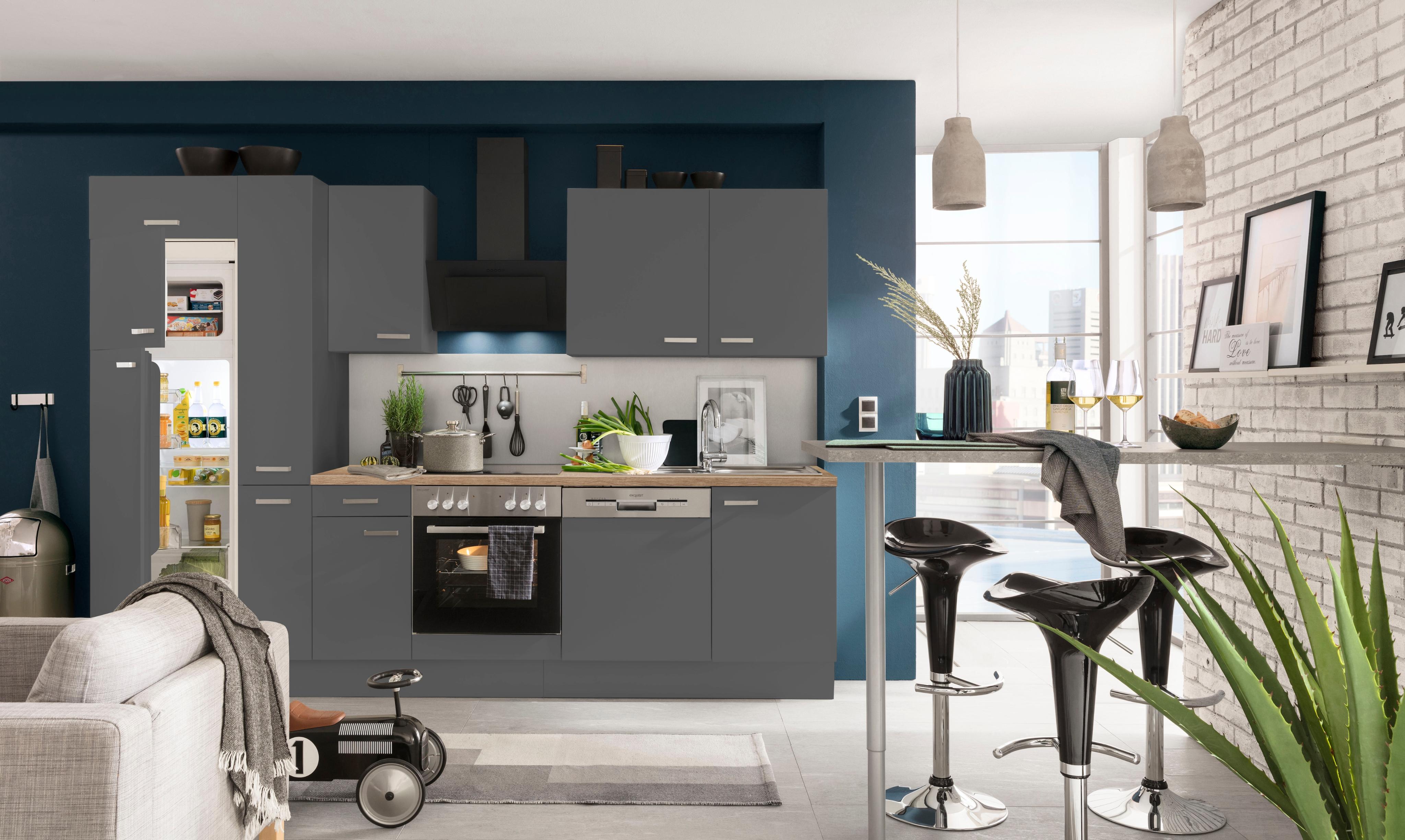 Küchenzeile OPTIFIT "Parma", braun (küche: grau, korpus: basaltgrau, arbeitsplatte: eichefarben), B:300cm T:60cm, Komplettküchen-Sets, Küchenzeile, ohne E-Geräte, Breite 300 cm