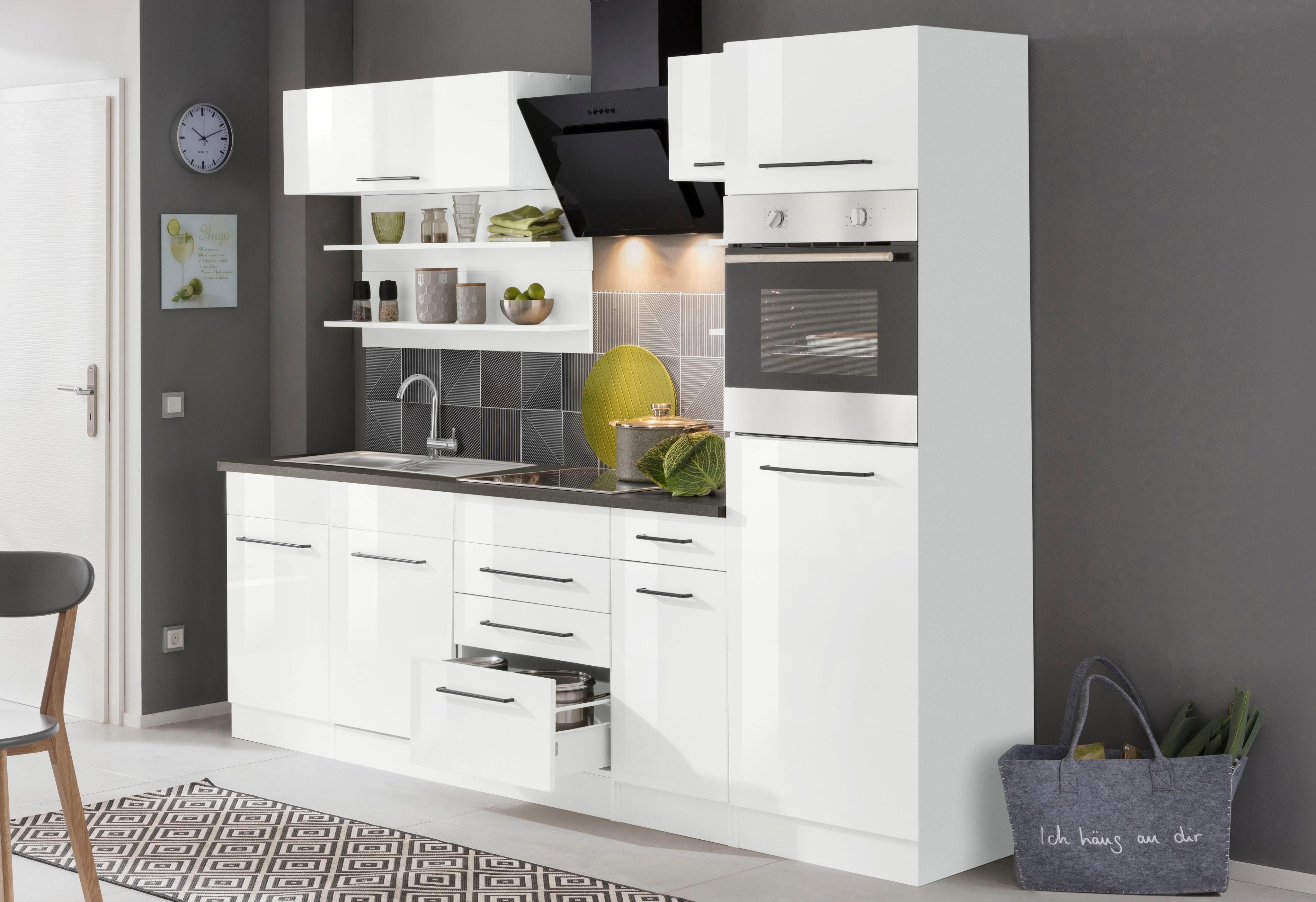 Küchenzeile KOCHSTATION "KS-Tulsa", weiß (küche: weiß, korpus: weiß, arbeitsplatte: anthrazit), B:270cm T:60cm, Komplettküchen-Sets, Küchenzeile, ohne E-Geräte, Breite 270 cm, schwarze Metallgriffe, MDF Fronten