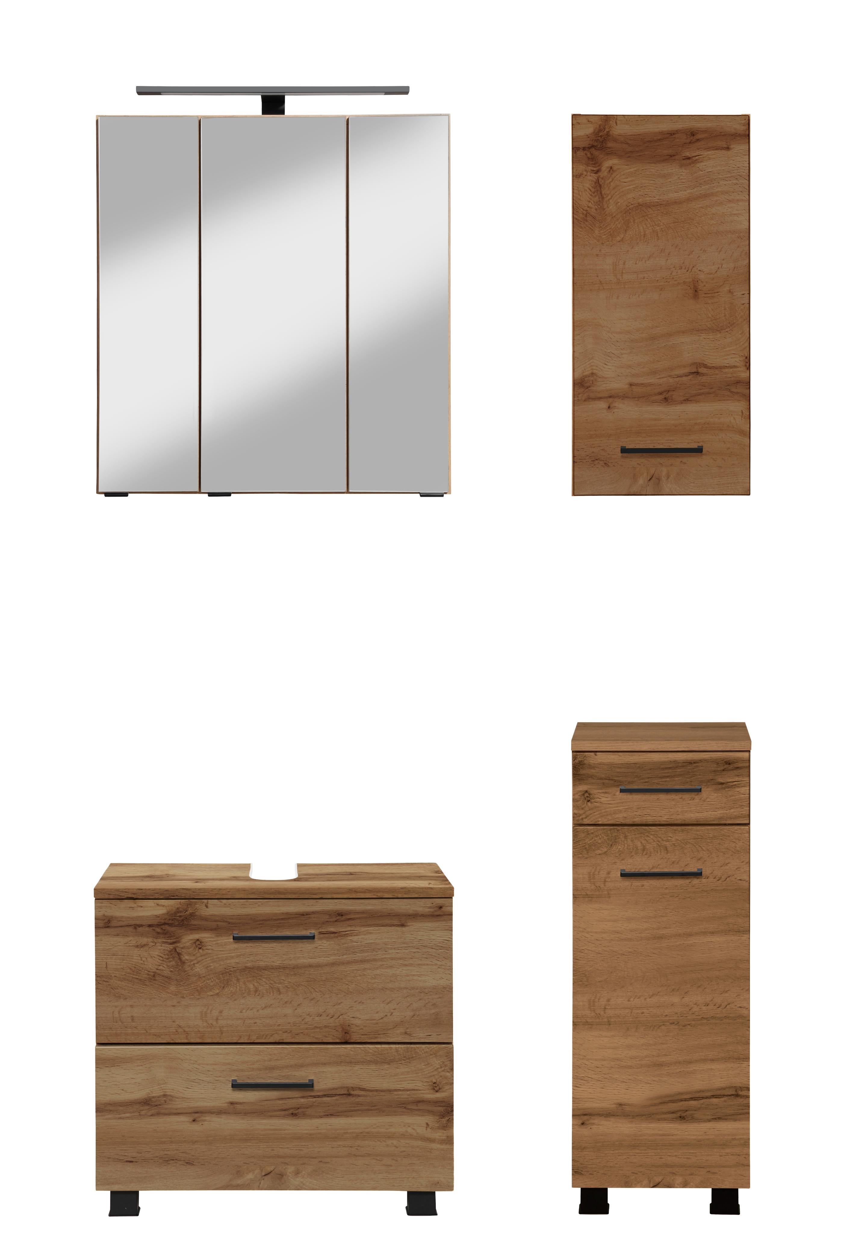 Badmöbel-Set WELLTIME "Trento, Badezimmer-Set, Waschbeckenunterschrank, Hängeschrank", braun (wotaneiche, wotaneiche), B:90cm H:200cm T:35cm, Holzwerkstoff, MDF, Kastenmöbel-Sets, Badmöbel-Set, Unterschrank, Waschbeckenunterschrank, Spiegelschrank, Aufbauleuchte