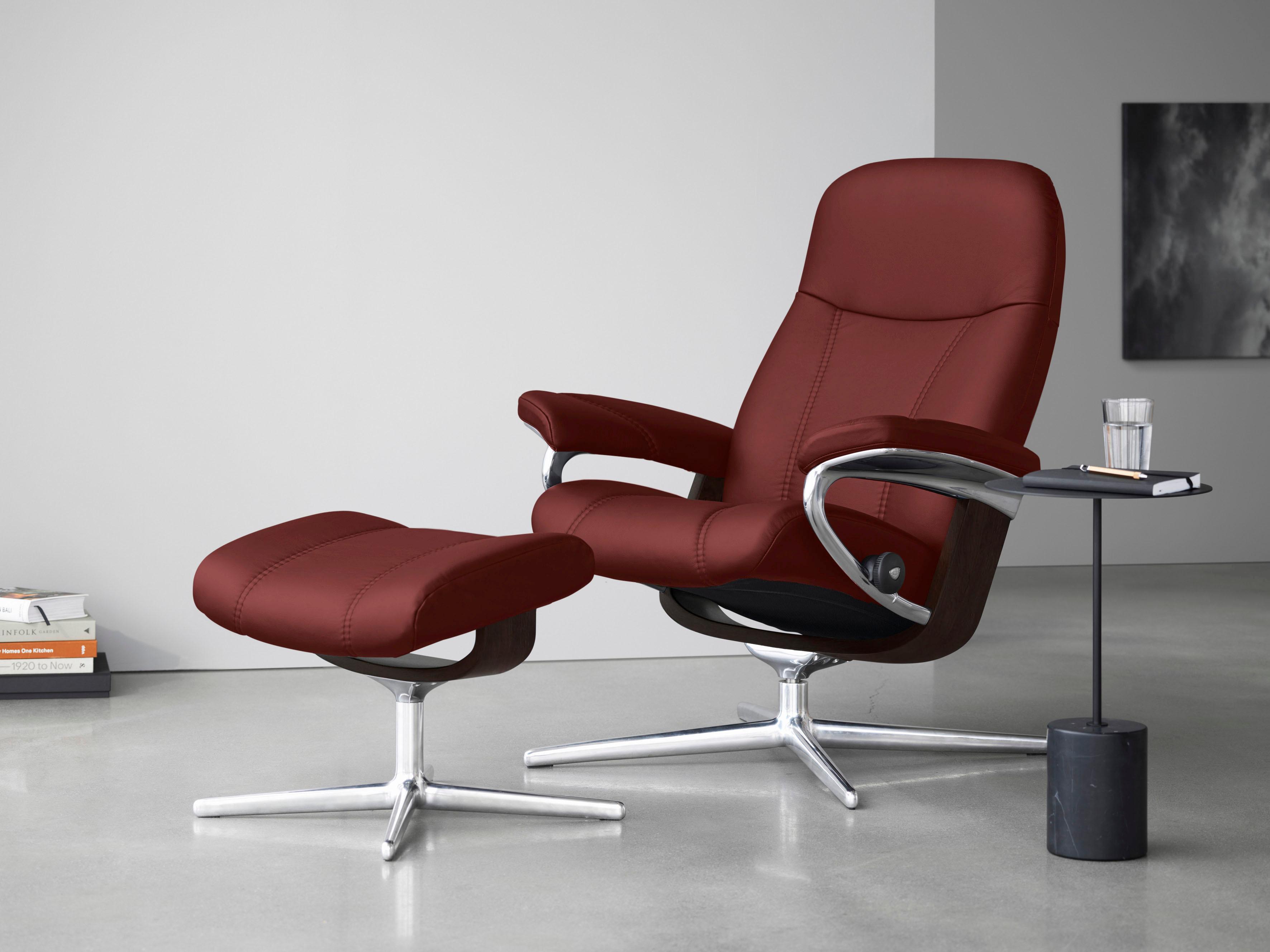 Relaxsessel STRESSLESS "Consul", rot (cherry paloma), B:91cm H:102cm T:79cm, Leder PALOMA: PALOMA ist ein durchgefärbtes Semianilin-Möbelleder mit natürlicher Narbung., Sessel, Relaxsessel, mit Hocker, mit Cross Base, Größe S, M & L, Holzakzent Braun
