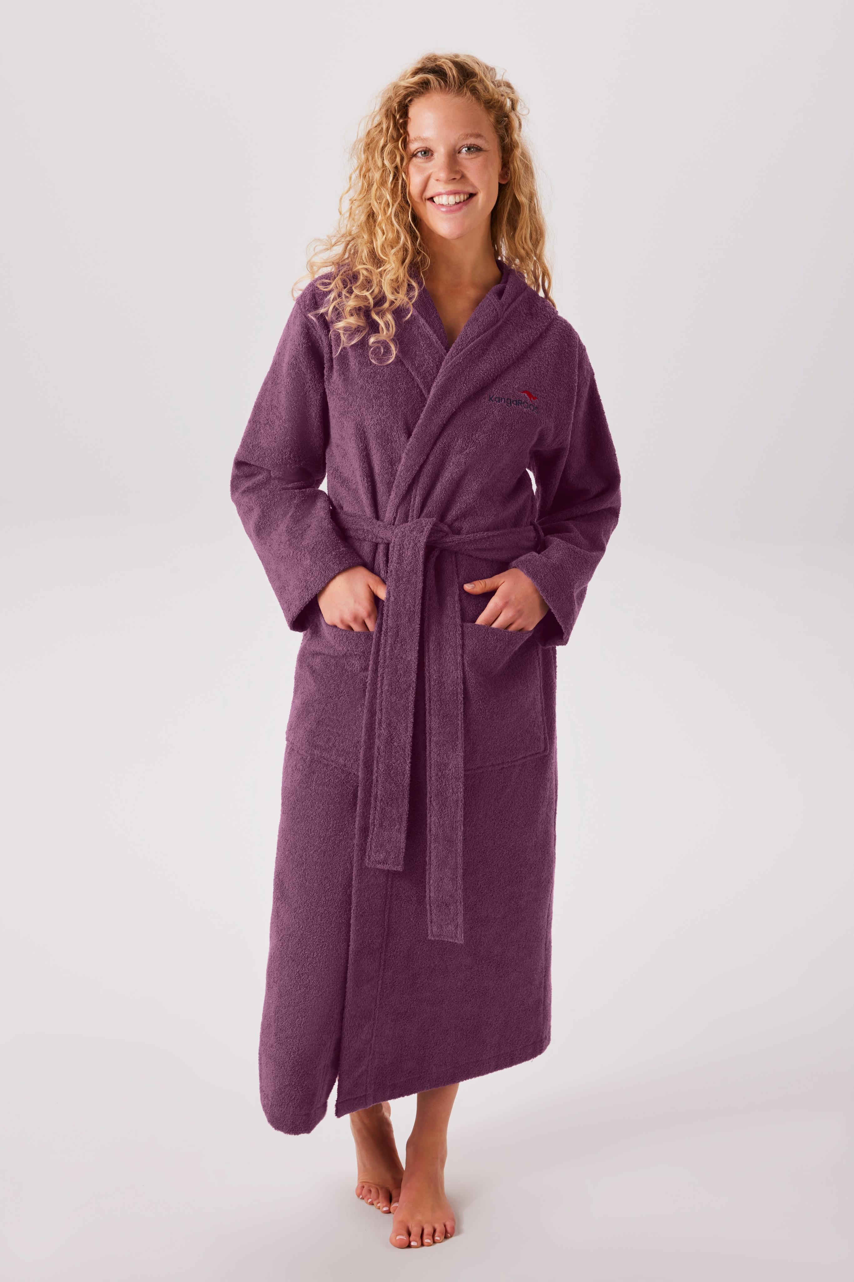 Unisex-Bademantel KANGAROOS "Cassidy, für Damen & Herren, Standardlänge & Überlänge" Gr. XXL, mauve, L:140cm, Walkfrottee, Hausmäntel, Unisex-Bademantel, mit Taschen, Männer und Frauen, Baumwolle, Reise, Hotel, Sauna, S-3XL