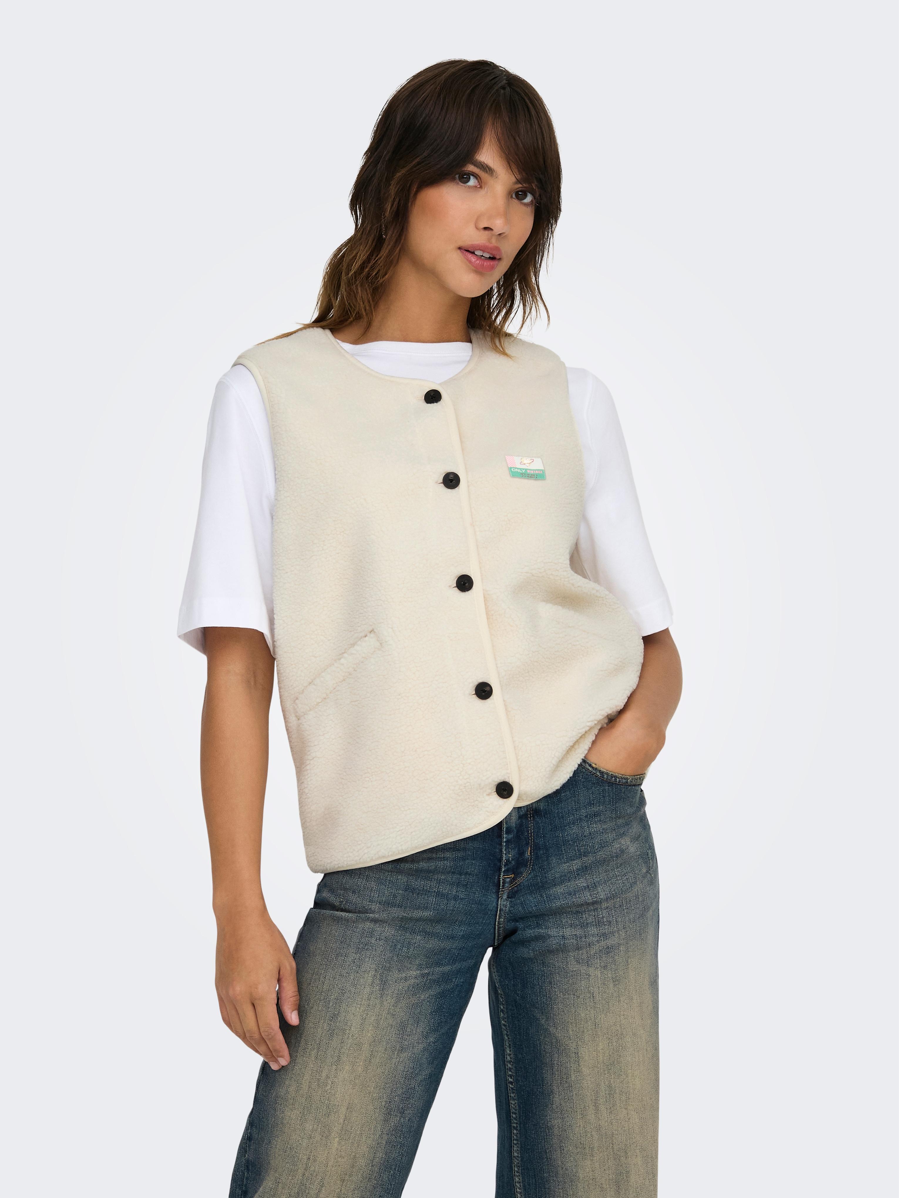 Plüschweste ONLY "ONLBABY LIFE TEDDY VEST PNT CS", Damen, Gr. L, pumice stone detail:vintage batch, Plüsch, Obermaterial: 100% Polyester, unifarben, bequem hüftlang, Rundhals, Westen Plüschweste, Kunstfaser Plüsch