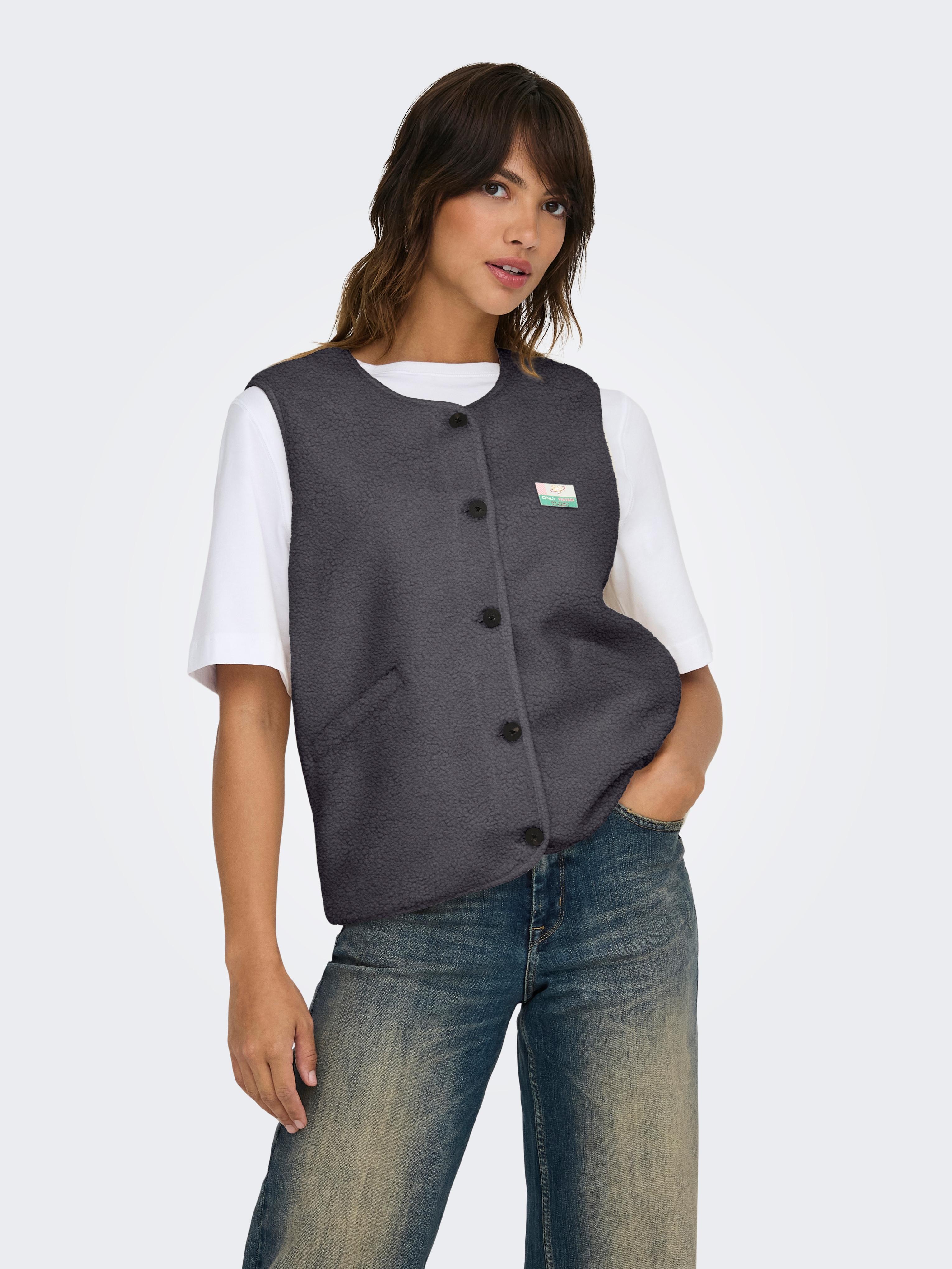 Plüschweste ONLY "ONLBABY LIFE TEDDY VEST PNT CS", Damen, Gr. M, schwarzened pearl detail:vintage batch, Plüsch, Obermaterial: 100% Polyester, unifarben, bequem hüftlang, Rundhals, Westen Plüschweste, Kunstfaser Plüsch