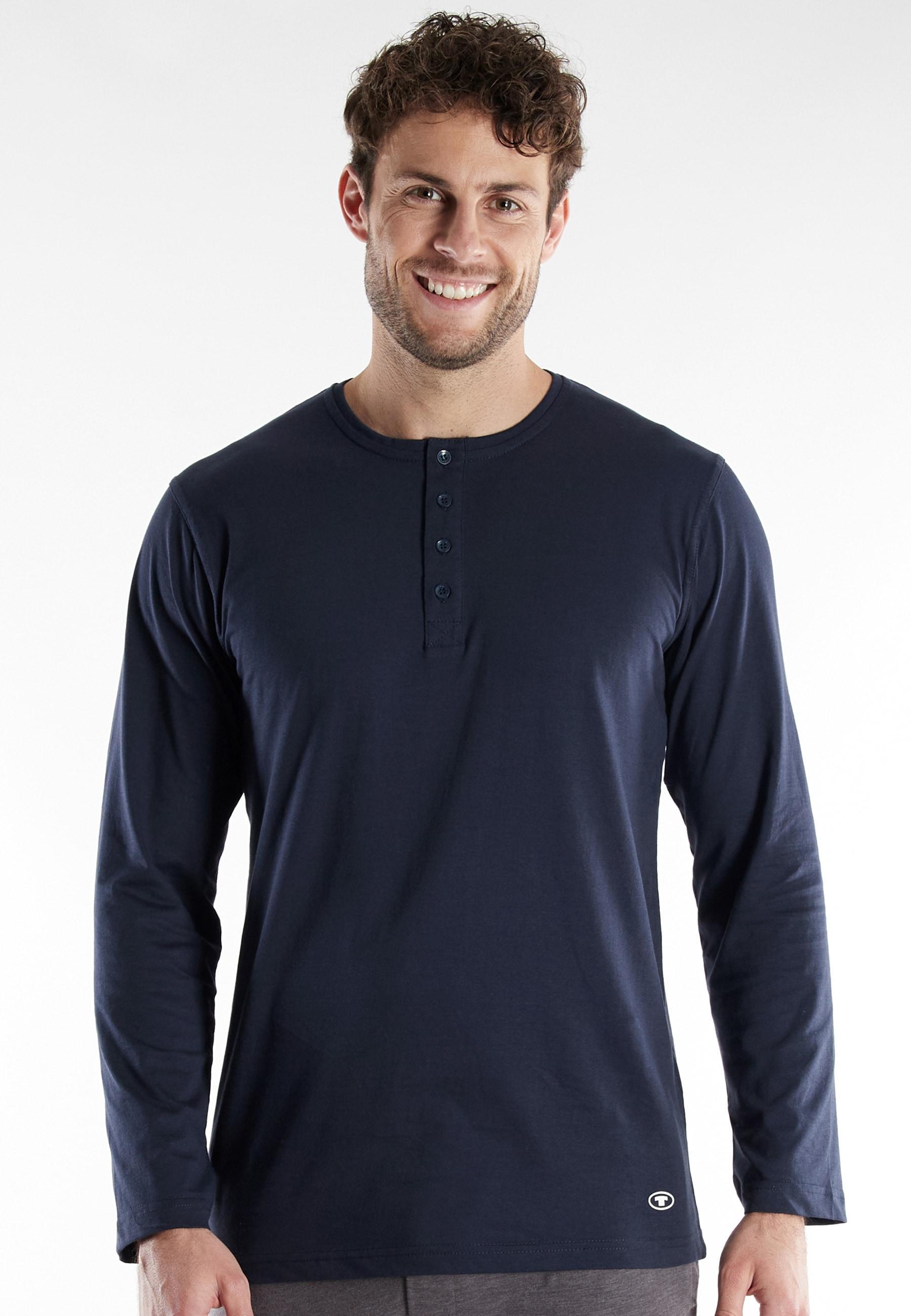 Langarmshirt Tom Tailor "Cansas", Herren, Gr. 56 (Xxl), Blau (Blau, Dunkel, Uni), Single Jersey, Obermaterial: 100% Baumwolle, Unifarben, Basic HüFtlang, Rundhals, Shirts Langarmshirt, Mit Knopfleiste, Rundhalsausschnitt, Langarm, Basic, Bequem, Elastisch
