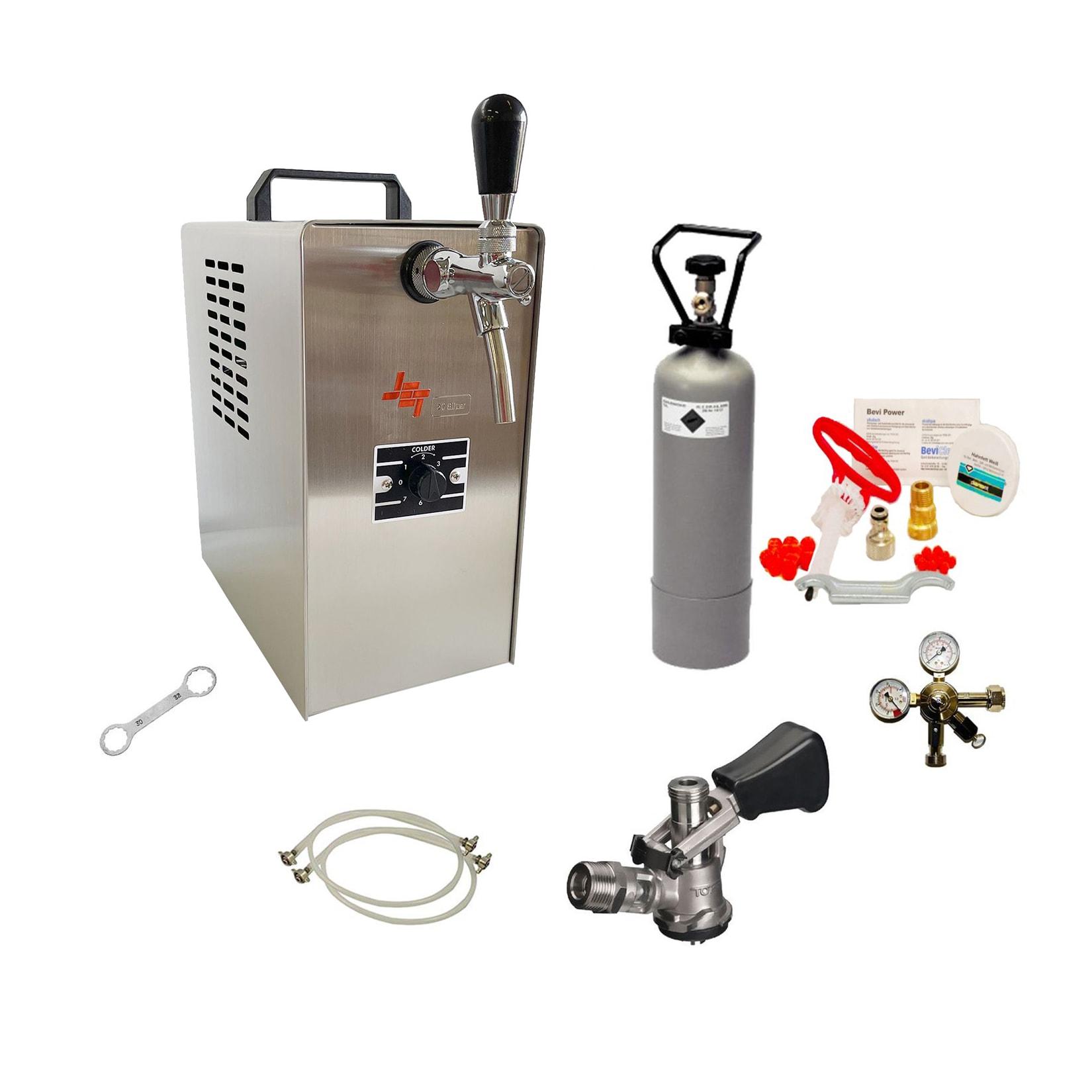ich-zapfe Komplett Set Zapfanlage JET 30 Bierkoffer, Durchlaufkühler 1-leitig Trockenkühler, bis zu 35 Liter/h, Reinigungsset für Zapfanlage und Keg, Zapfkopf:Dreikant