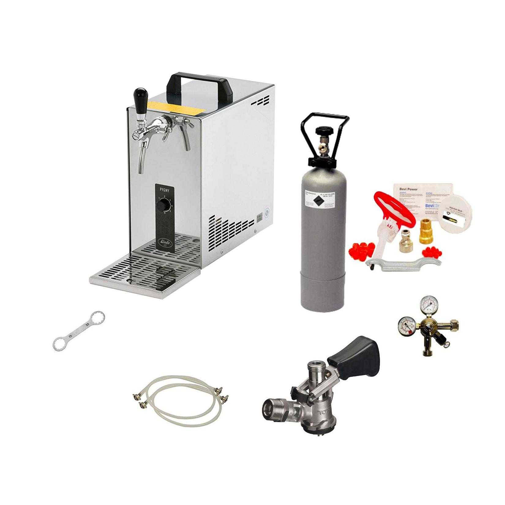 ich-zapfe Komplett Set - Zapfanlage, Bierzapfanlage, Bierkoffer, Durchlaufkühler PYGMY 25 1-leitig Trockenkühler, 30 Liter/h, Reinigungsset für Zapfanlage und Keg, Zapfkopf:Köpi
