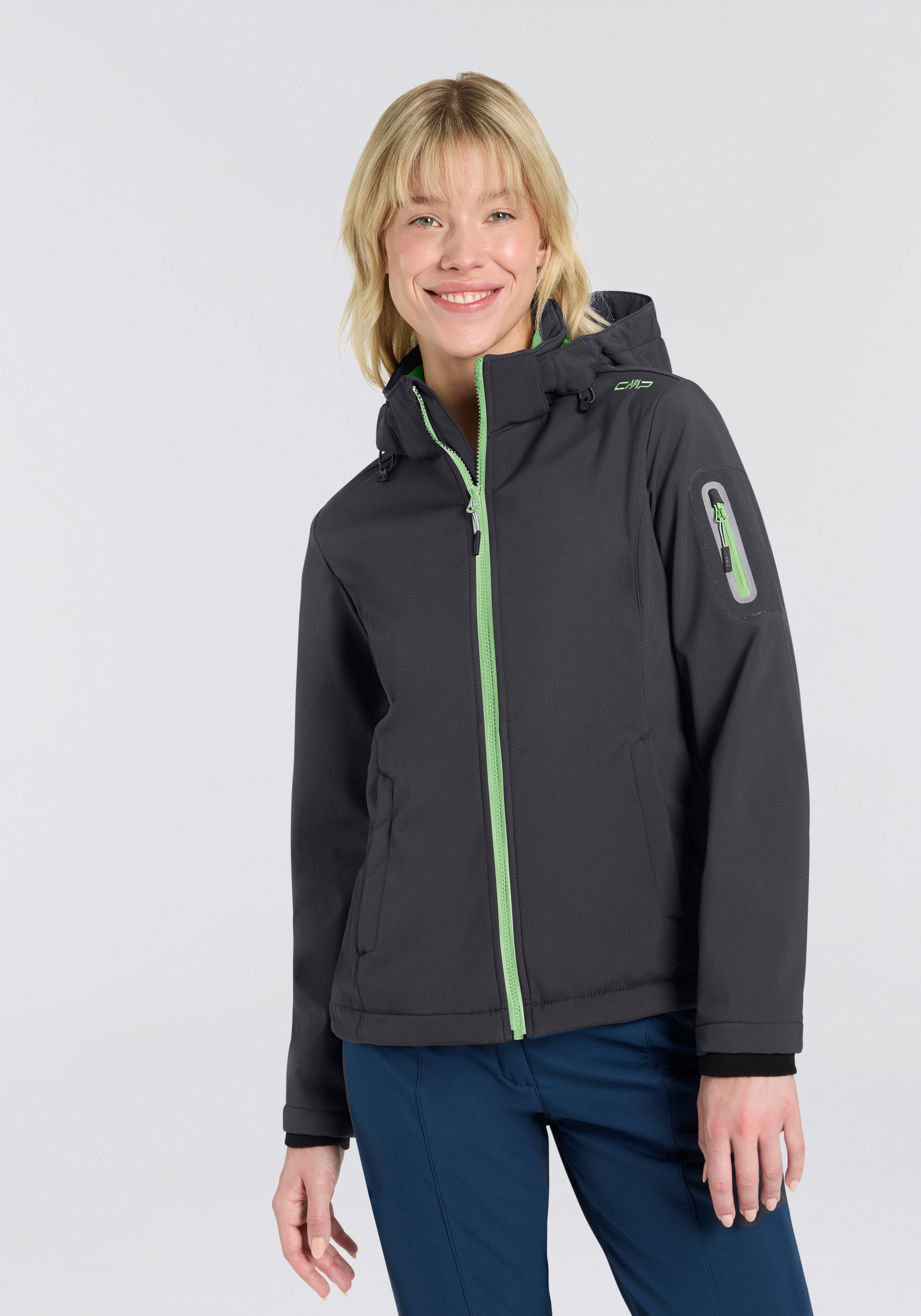 Softshelljacke CMP "WOMAN JACKET ZIP HOOD", Damen, Gr. 42, antracite, pi, Obermaterial: 96% Polyester, 4% Elasthan. Futter: 100% Polyester, Jacken Softshelljacke, sportlicher Stil, wärmend, wind- und wasserabweisend, Übergangsjacke