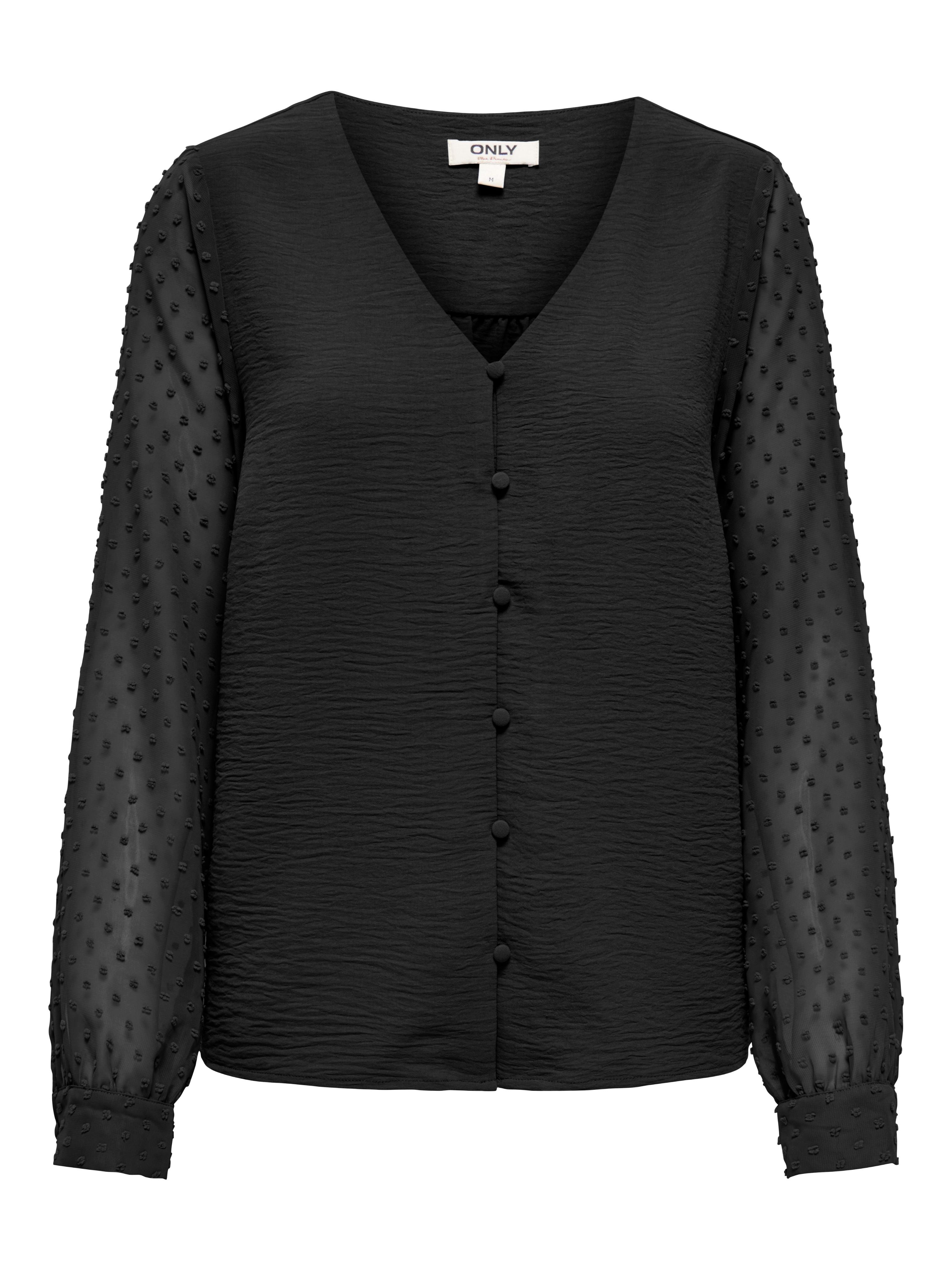 Langarmbluse ONLY "ONLRHODES METTE L/S DOBBY VNECK TOP WVN", Damen, Gr. XS, schwarz, Web, Obermaterial: 100% Polyester, unifarben, regular fit normal, V-Ausschnitt, Blusen Langarmbluse, Kunstfaser, regular fit, V-Ausschnitt