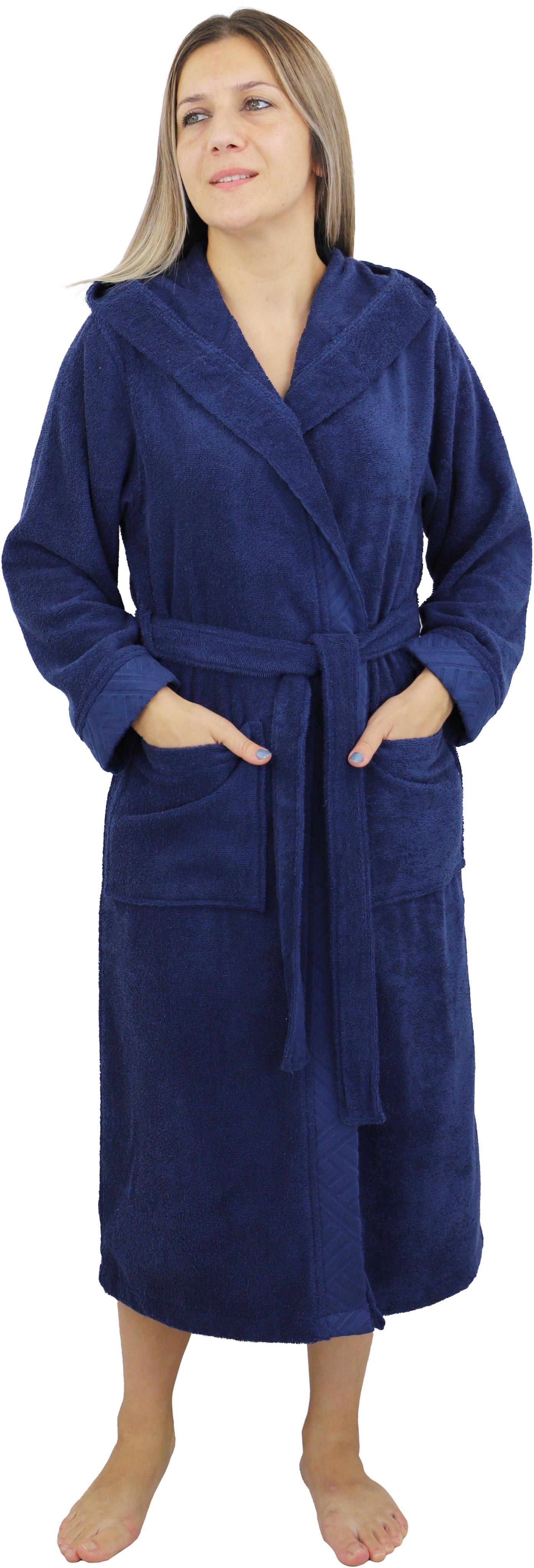 Damenbademantel OTTO HOME "Livia, ideal für Sauna & Spa, Hotelbademantel" Gr. L, blau (marine), L:125cm, Walkfrottee, Hausmäntel, Damenbademantel, gemusterter Bordüre, langer Bademantel Damen, 100% Baumwolle, XS-2XL