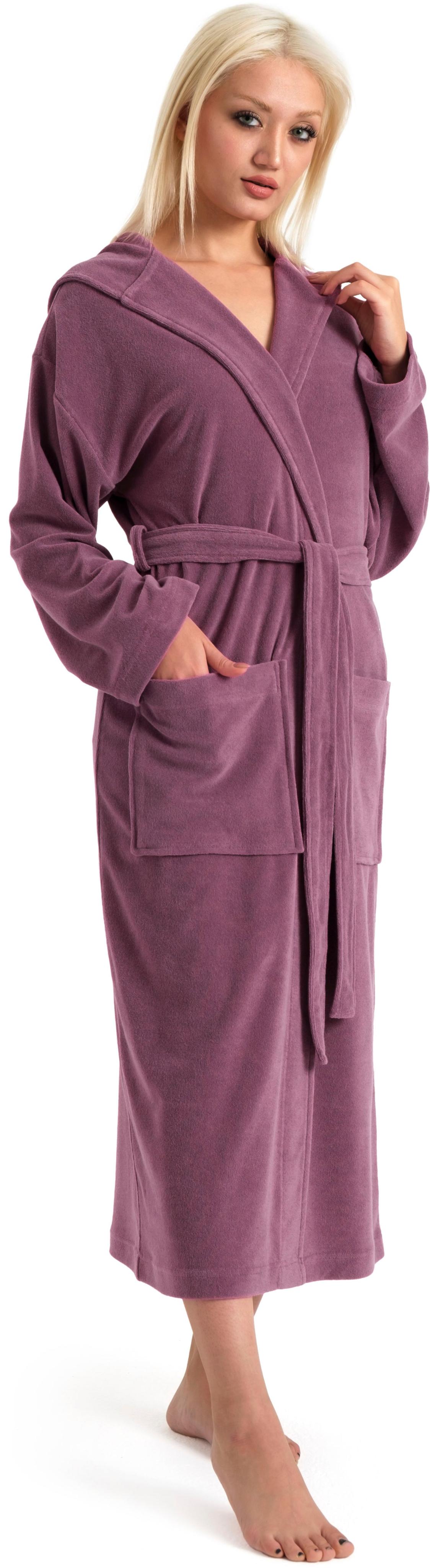 Damenbademantel OTTO HOME "Jule, ideal für Sauna & Spa, Hotelbademantel, Morgenmantel" Gr. S, lila (beere), L:120cm, Wirkfrottee, Hausmäntel, Damenbademantel, einfarbiger Leichtfrottier-Bademantel, hoher Baumwollanteil, XS-4XL
