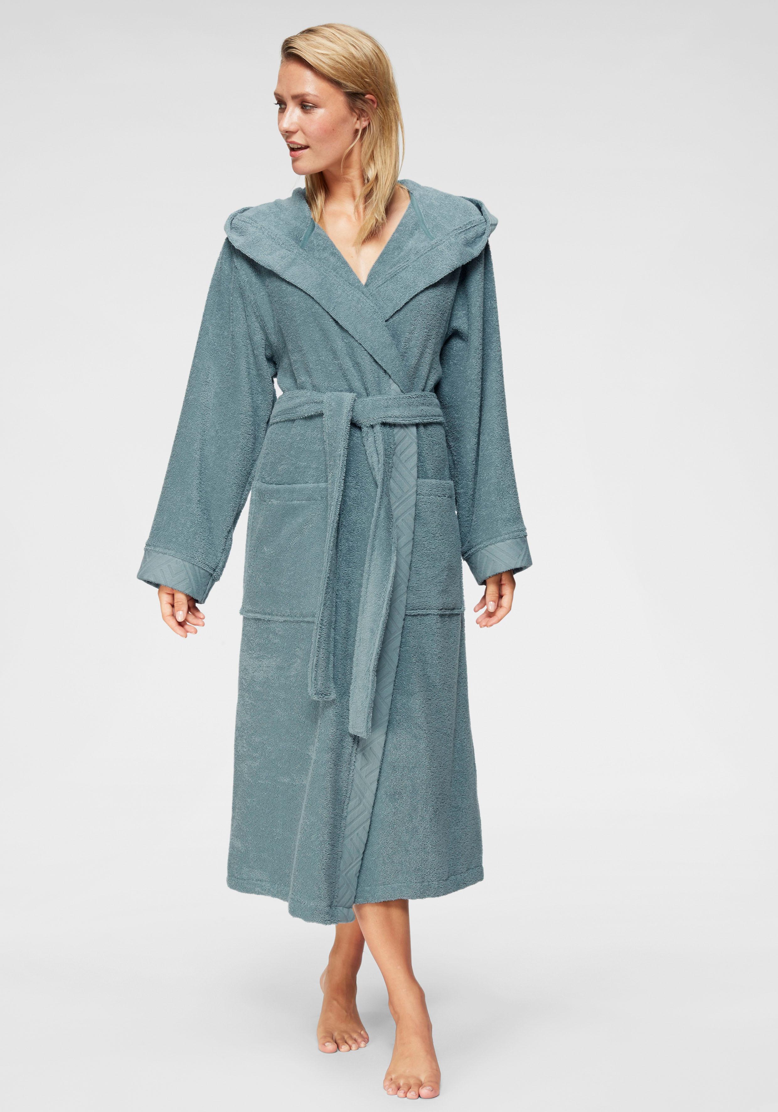 Damenbademantel OTTO HOME "Livia, ideal für Sauna & Spa, Hotelbademantel" Gr. S, blau, L:120cm, Walkfrottee, Hausmäntel, Damenbademantel, gemusterter Bordüre, langer Bademantel Damen, 100% Baumwolle, XS-2XL