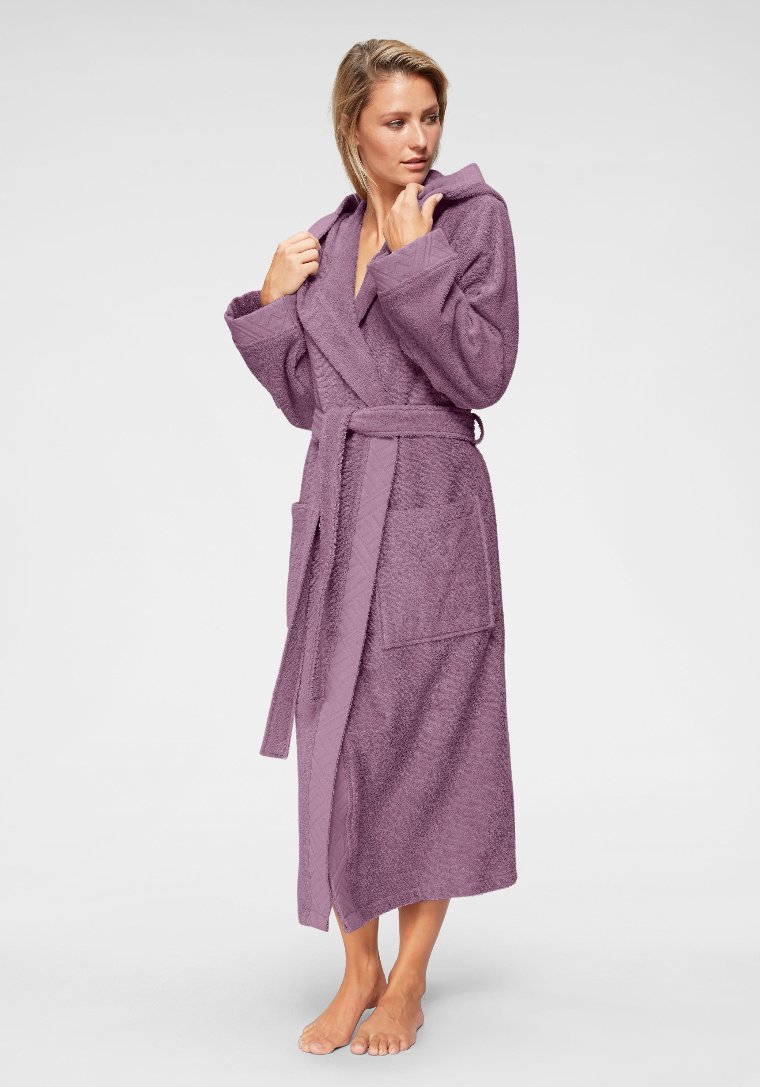 Damenbademantel OTTO HOME "Livia, ideal für Sauna & Spa, Hotelbademantel" Gr. L, lila (mauve), L:125cm, Walkfrottee, Hausmäntel, Damenbademantel, gemusterter Bordüre, langer Bademantel Damen, 100% Baumwolle, XS-2XL