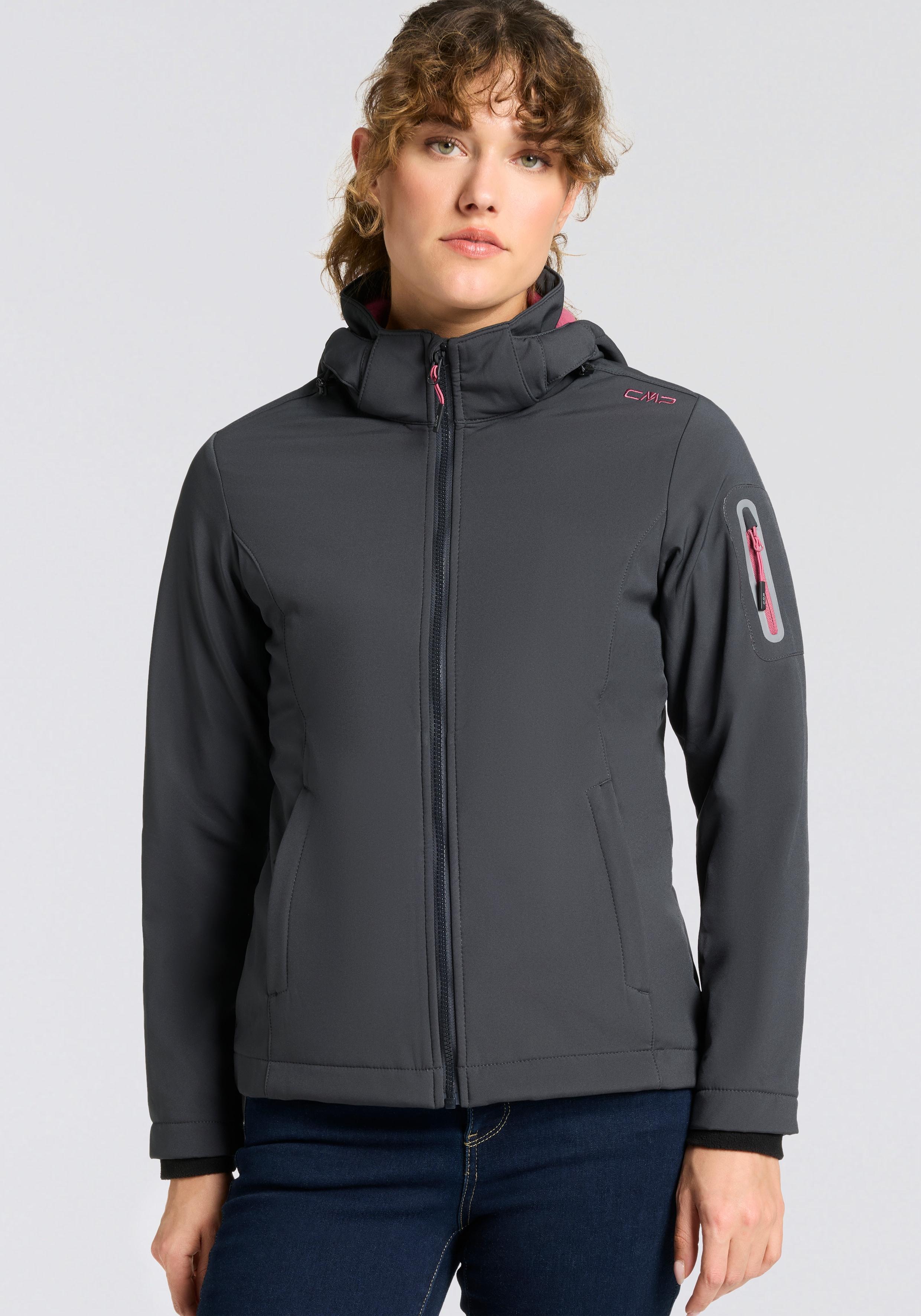 Softshelljacke CMP "WOMAN JACKET ZIP HOOD", Damen, Gr. 48, antracite, pe, Obermaterial: 96% Polyester, 4% Elasthan. Futter: 100% Polyester, Jacken Softshelljacke, sportlicher Stil, wärmend, wind- und wasserabweisend, Übergangsjacke