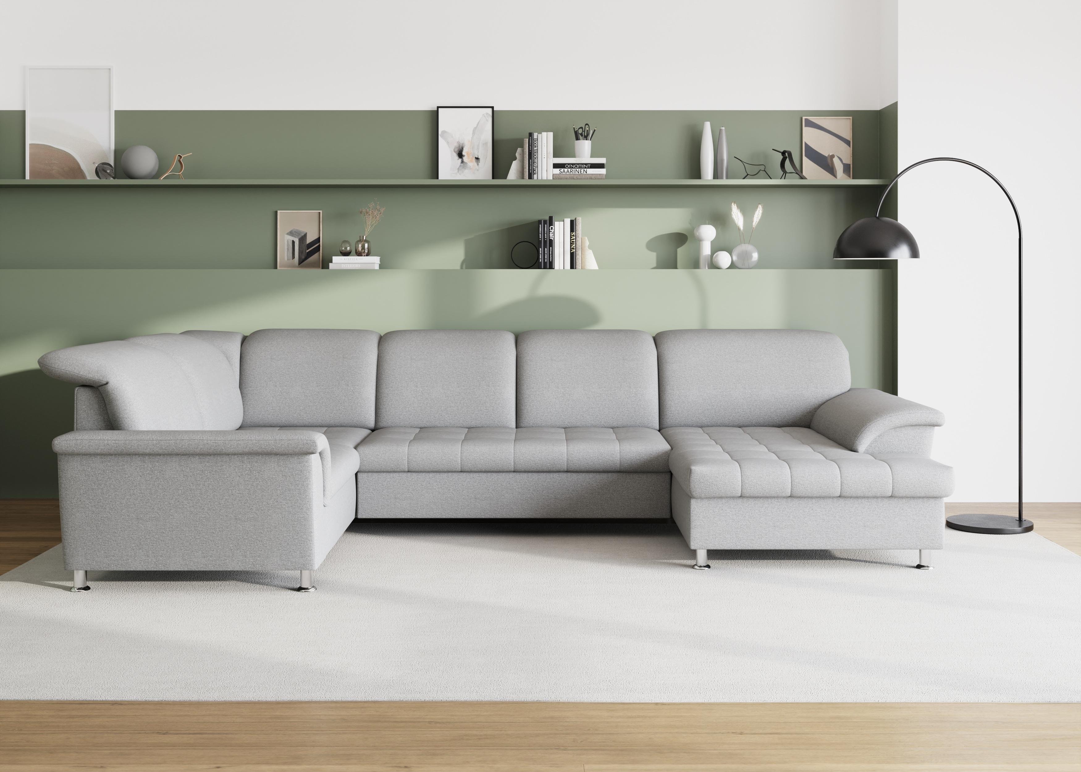 Wohnlandschaft DOMO COLLECTION "Franzi optional mit Bettfunktion, Bettkasten & Kopfteilverstellung", silber, B:352cm H:81cm T:214cm, Flachgewebe (100% Polyester);Chenille (100% Polyester), Sofas, Wohnlandschaft, U-Form, Recamiere rechts, silber, B/T: 352/214 cm