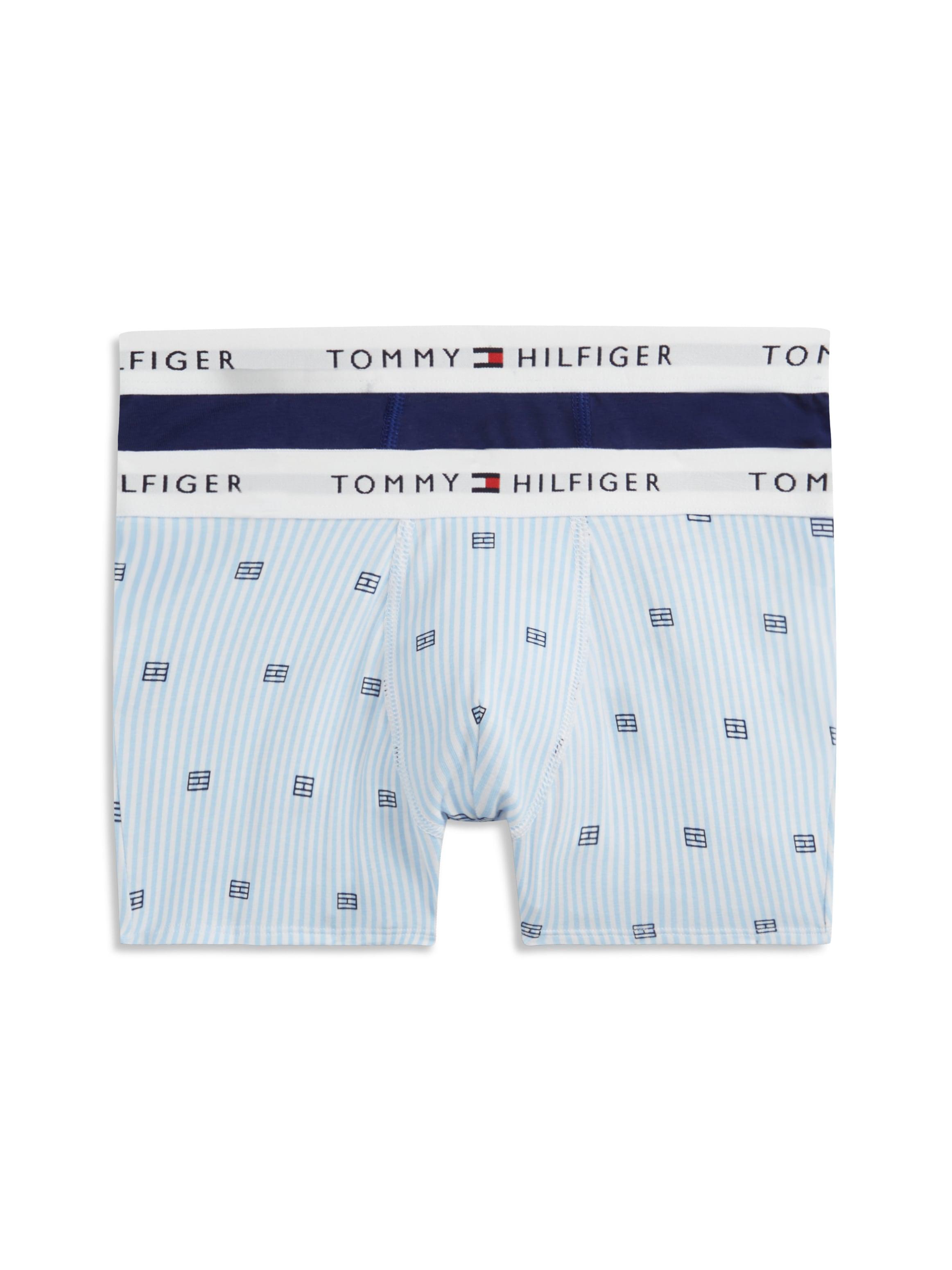 Trunk "2 PK TRUNK PRINT", Jungen, Gr. 140/146, 2 Stk., flag ithaca, preppy navy, Webqualität, Obermaterial: 95% Baumwolle, 5% Elasthan, TOMMY HILFIGER UNDERWEAR, gemustert, unifarben, körpernah, Unterhosen Trunk, Regular fit mit elastischem Bund
