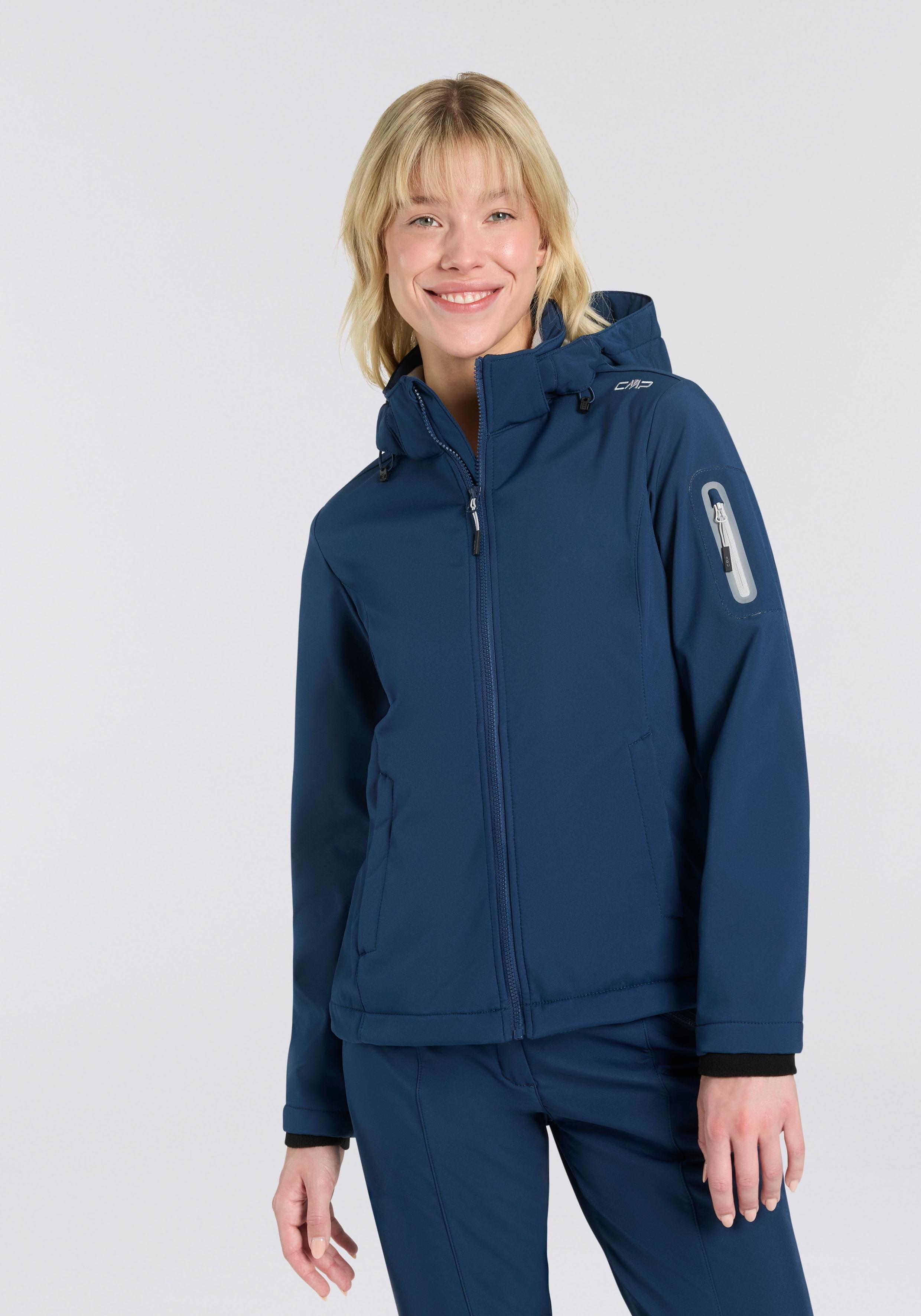 Softshelljacke CMP "WOMAN JACKET ZIP HOOD", Damen, Gr. 48, blau (blau ink), Obermaterial: 96% Polyester, 4% Elasthan. Futter: 100% Polyester, Jacken Softshelljacke, sportlicher Stil, wärmend, wind- und wasserabweisend, Übergangsjacke