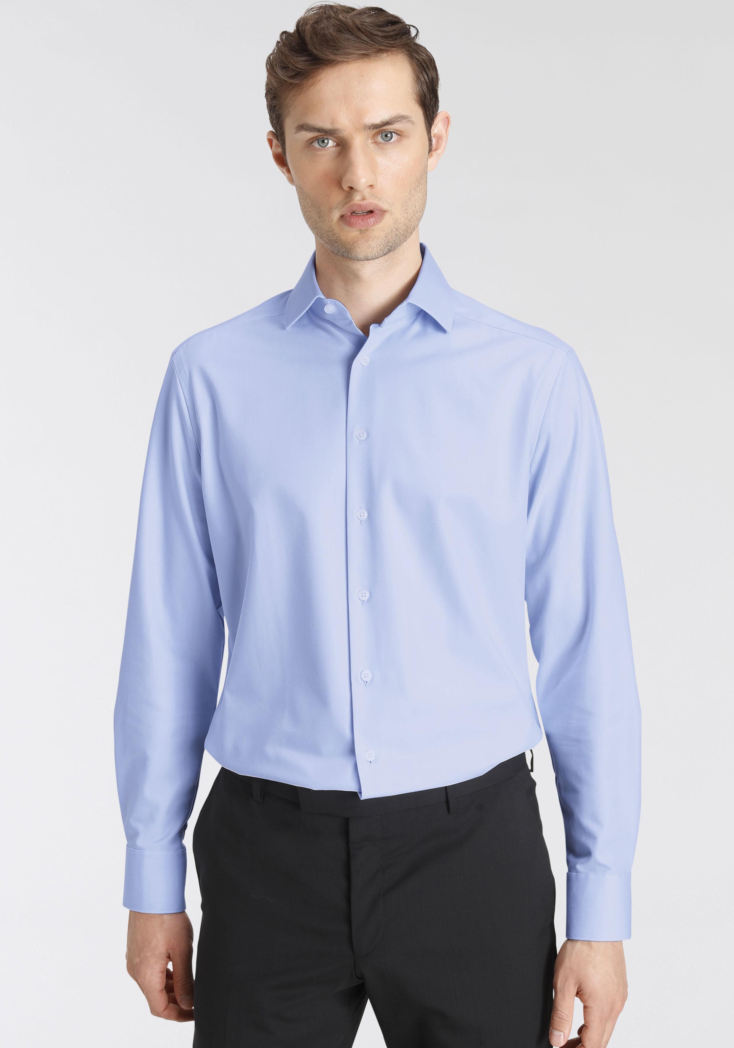 Businesshemd Olymp "Luxor Modern Fit", Herren, Gr. 42, N-Gr, Blau (Bleu), Web, Obermaterial: 64% Baumwolle, 27% Polyester, 9% Elasthan, Hemden, Comfort Stretch, Climate Control