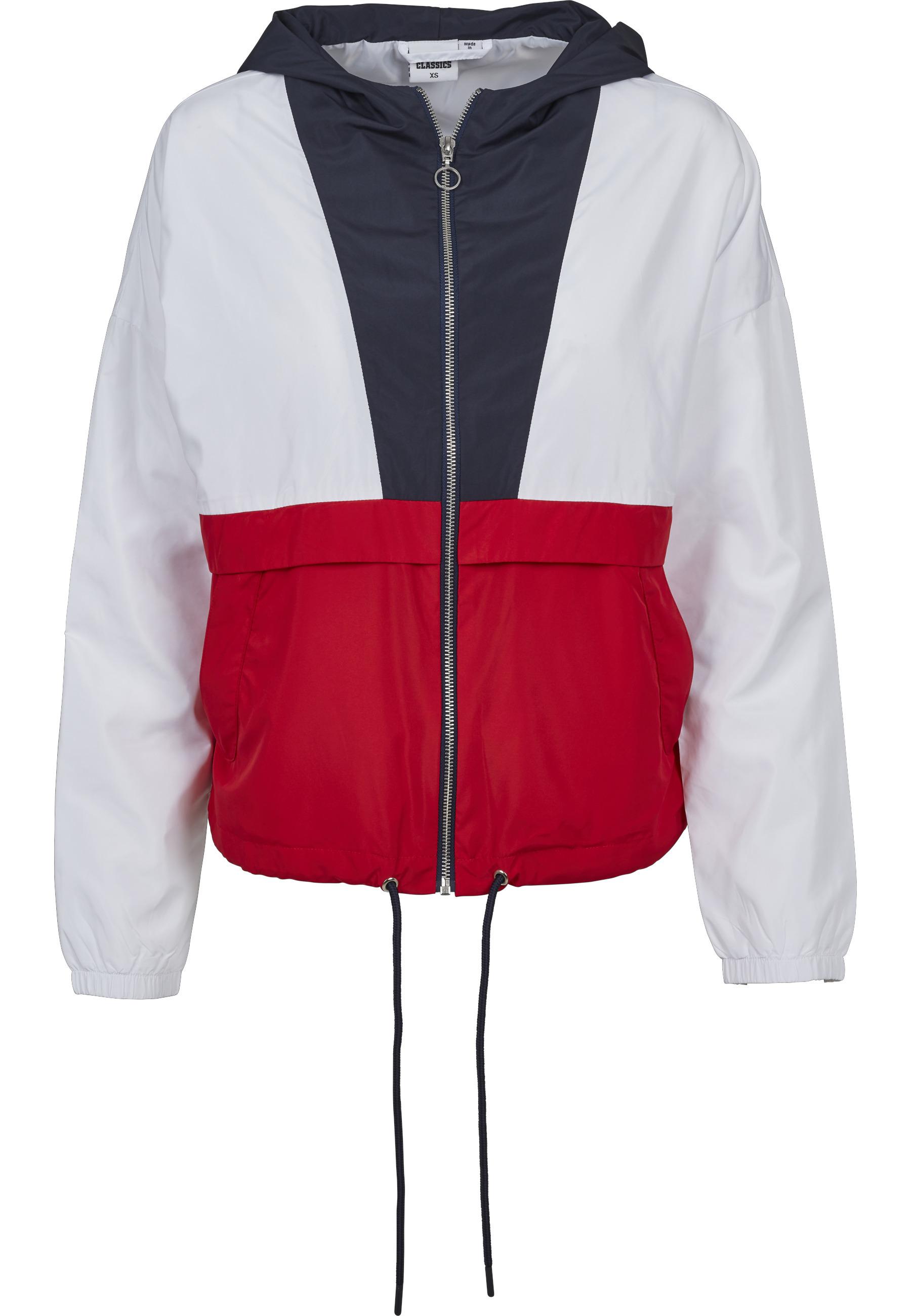 Anorak Urban Classics "Urban Classics Damen Ladies 3-Tone Oversize Windbreaker", Damen, Gr. S, Bunt (Navy, Weiß, Firerot), 100% Polyester, Mehrfarbig, Loose Fit, Ohne Ausschnitt, Jacken